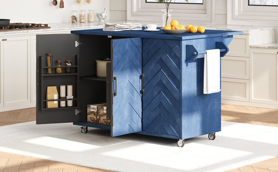 K&K 51.2"W 3D Wave Stripes Ash Veneer Not Cheap Paper Kitchen Island With Drop Leaf, Farmhouse Kitchen Island On Wheels With Internal Storage Rack, Rolling Kitchen Cart Navy Blue Navy Blue Nature