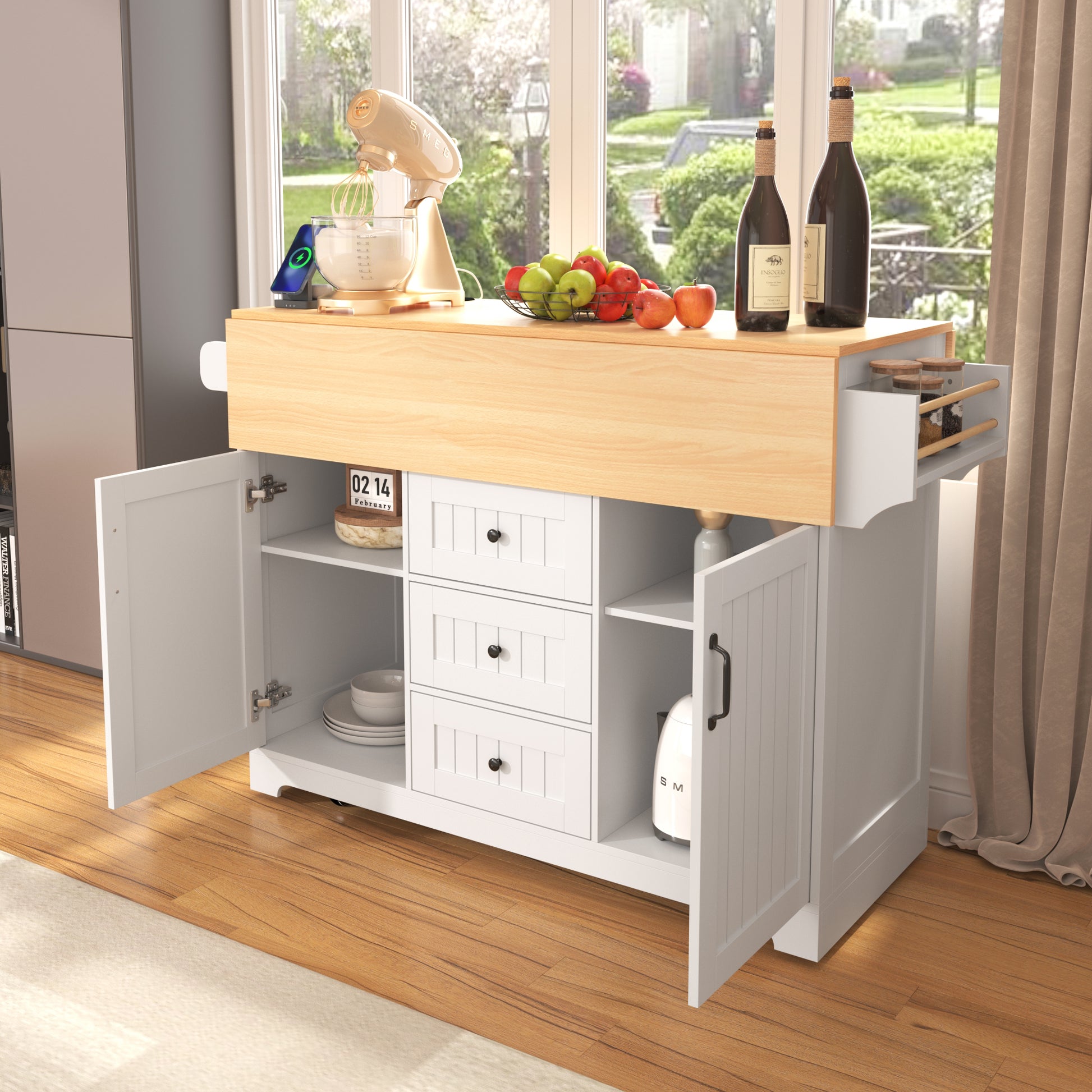 K&K 55.7'' Large Kitchen Island With 2 Drop Leaf, Rolling Kitchen Cart On 5 Wheels With Power Outlet, Folding Storage Dining Table With Spice & Towel Rack3 Drawers, For Kitchen, Dining Room,White White White Kitchen Classic,Farmhouse,Luxury,Modern