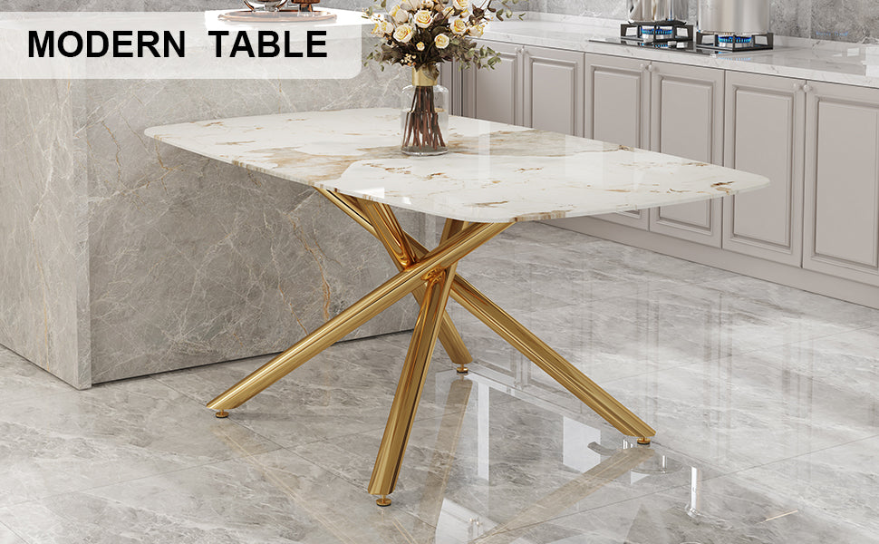 Large Modern Minimalist Rectangular Dining Table With 0.39 "Imitation Marble Tabletop And Golden Metal Legs, Suitable For Kitchen, Dining Room, Living Room, Conference Room, W1151S00987 Gold Glass Metal