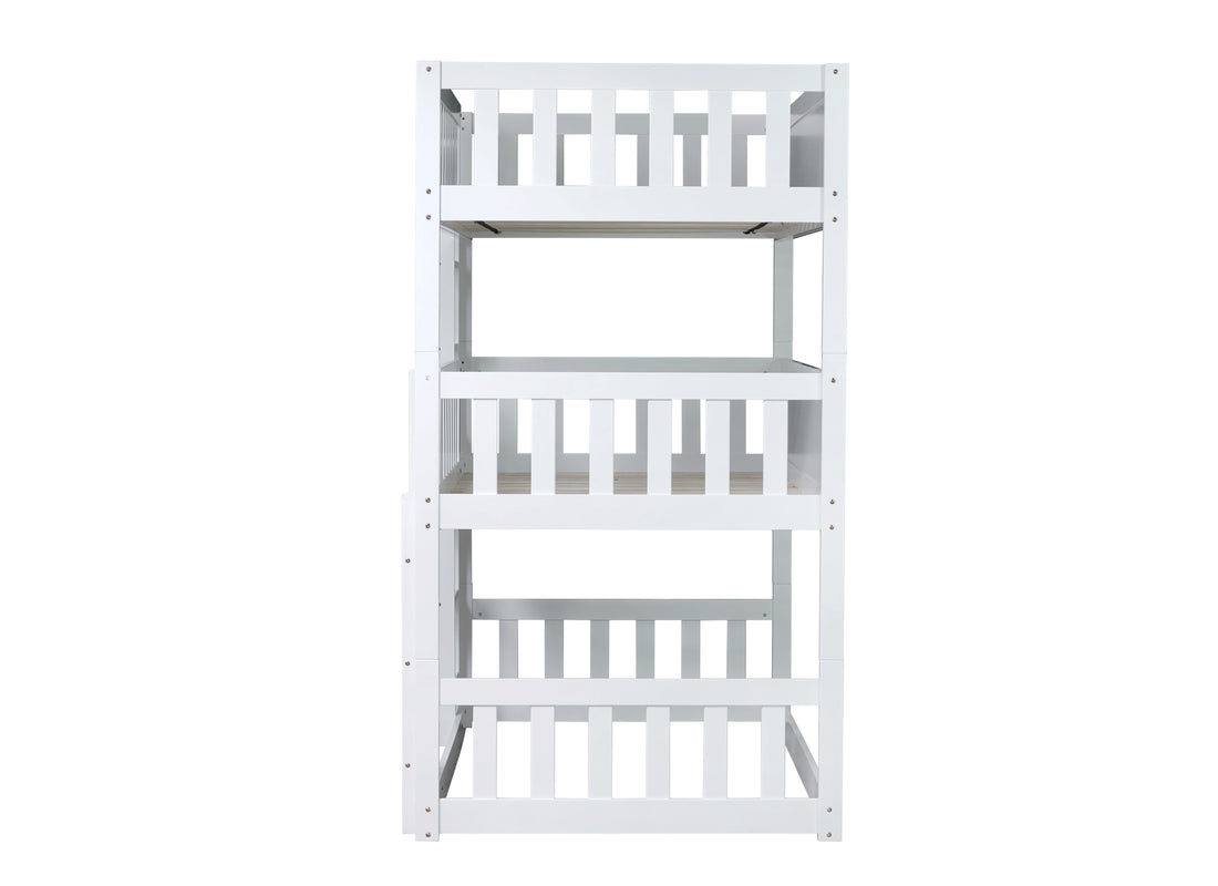 Twin Size Triple Rubber Wood Bunk Bed, With Ladders, Guardrails Detachable Bunk Bed, Twin Over Twin Over Twin,White Twin White Bedroom American Design Bed Frame Rubber Wood