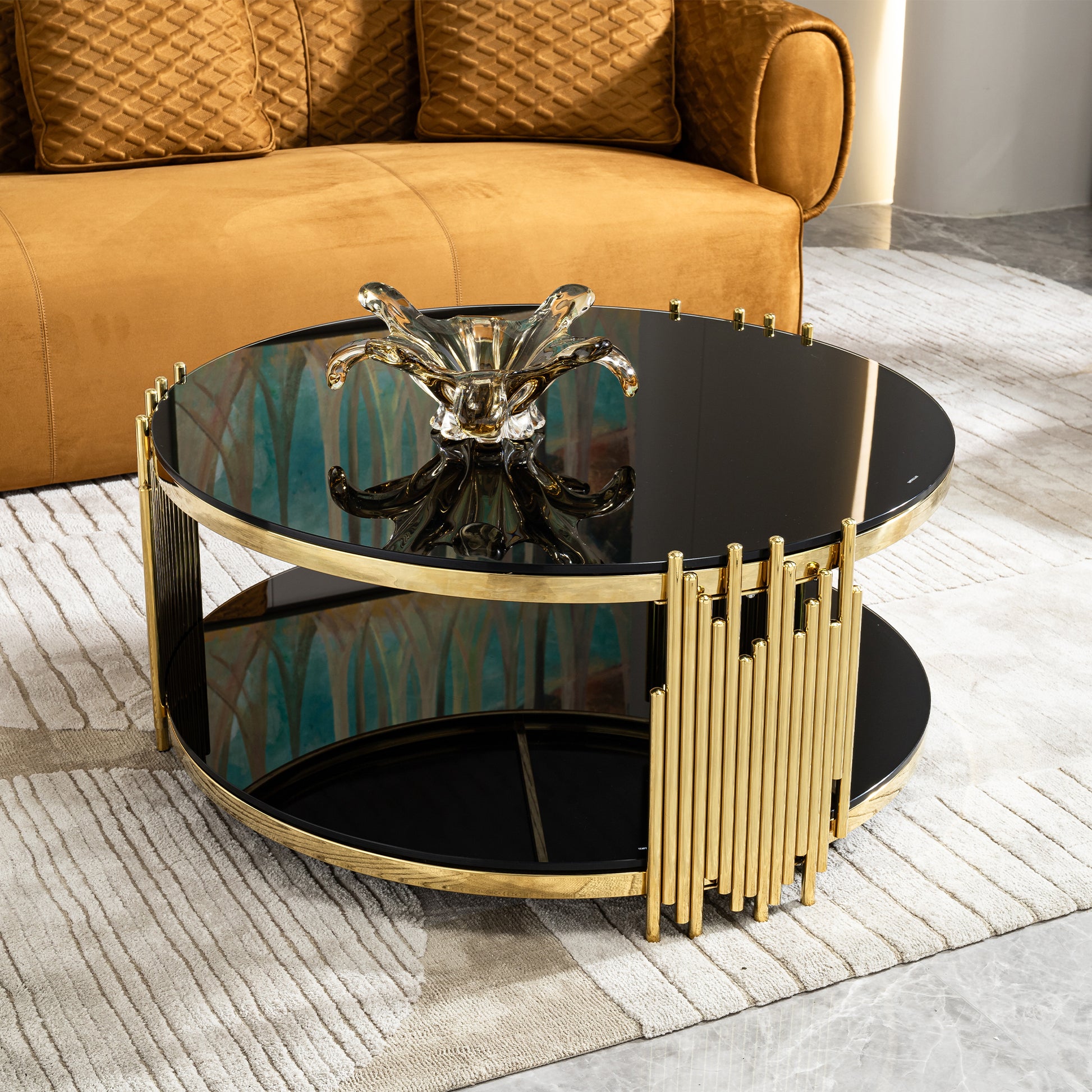Double Layer Black Tempered Glass Top Stainless Steel Round Coffee Table For Living Room Gold Black Contemporary Round Shelves Coffee & End Tables Polished Stainless Steel