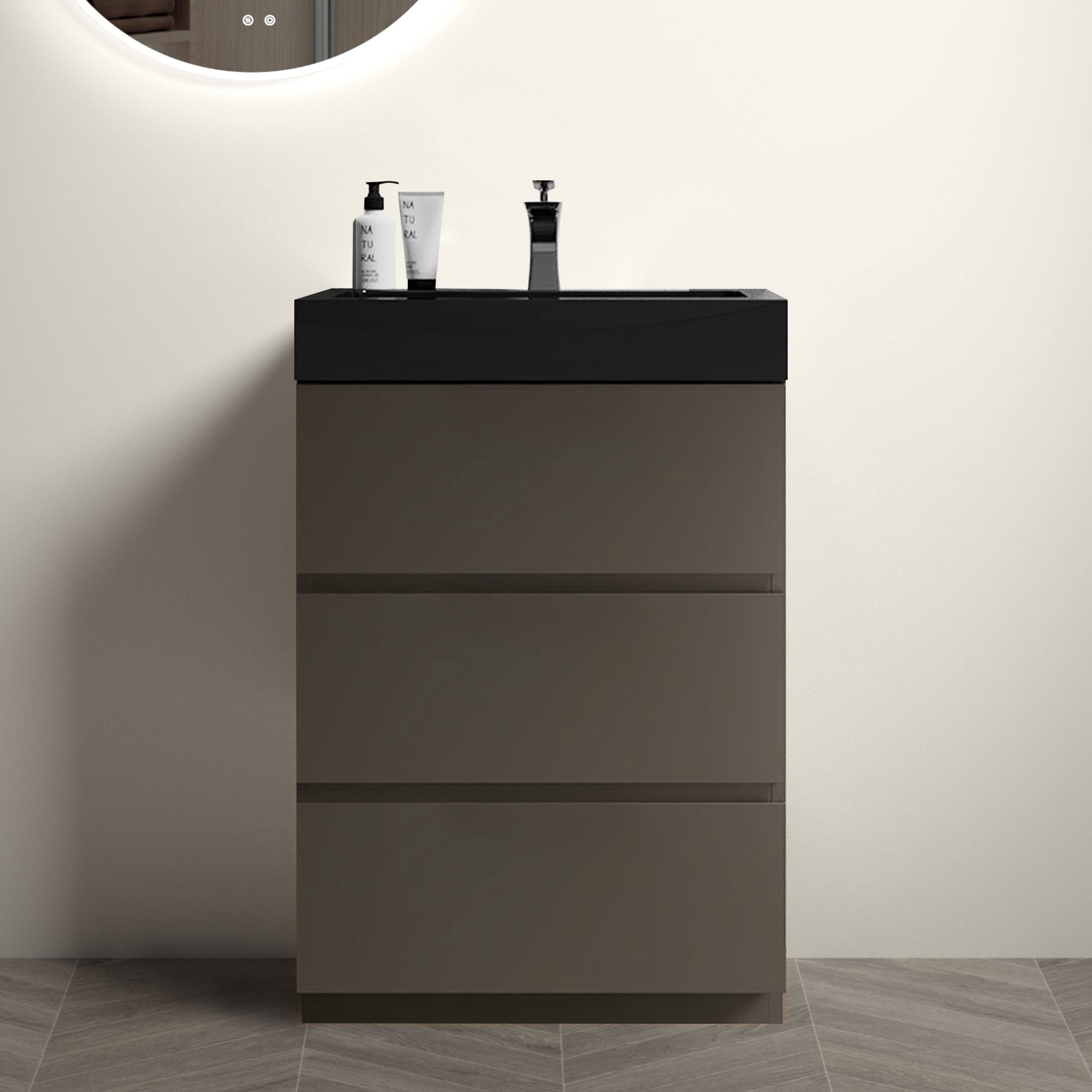 Alice 24" Gray Bathroom Vanity With Sink, Large Storage Freestanding Bathroom Vanity For Modern Bathroom, One Piece Black Sink Basin Without Drain And Faucet, Pre Assembled Black Gray Melamine