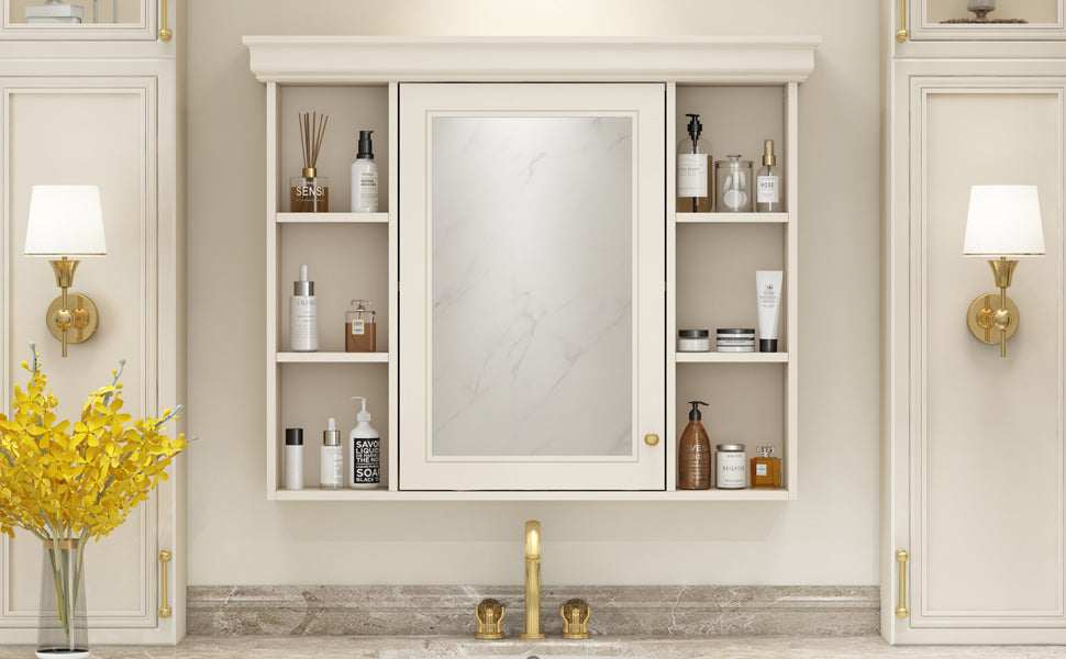 35'' X 28'' Blue Wall Mounted Bathroom Storage Cabinet With Mirror Door, Modern Bathroom Wall Cabinet With Mirror, Medicine Cabinet With 6 Open Shelves Beige Cream 1 Adjustable Shelves Wall Mounted Luxury Mdf Glass Painted