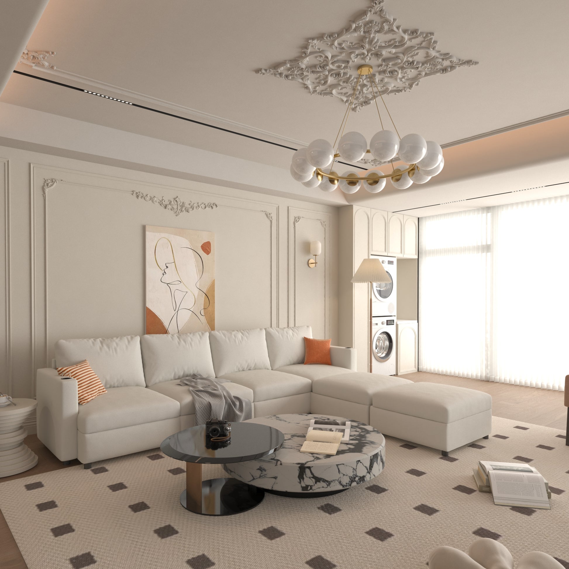 Modern Large Sectional Sofa, U Shape Modular Sectional Couch With Storage Function,123" Sofa Bed With Ottoman,6 Seat Sectionals Chaise For Living Room,Chenille Antique White Fabric 6 Seat