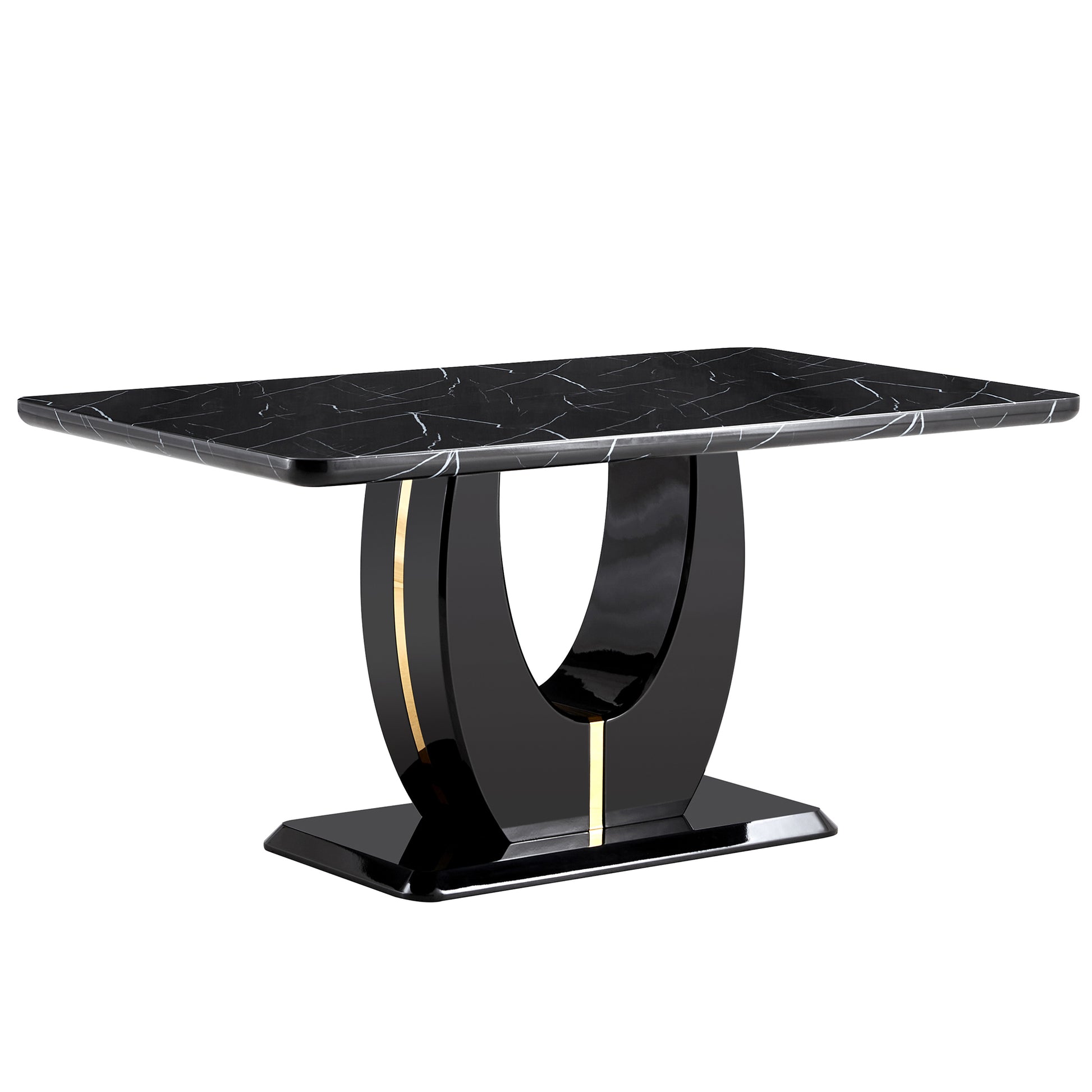 Table And Chair Set.63"W X 37"D X 30"H Black Marble Mdf Diningtable Set With 4 Black Pu Chairs With Gold Metal Legs.Bring A Comfortable Home Experience To The Kitchen, Bedroom, And Office.