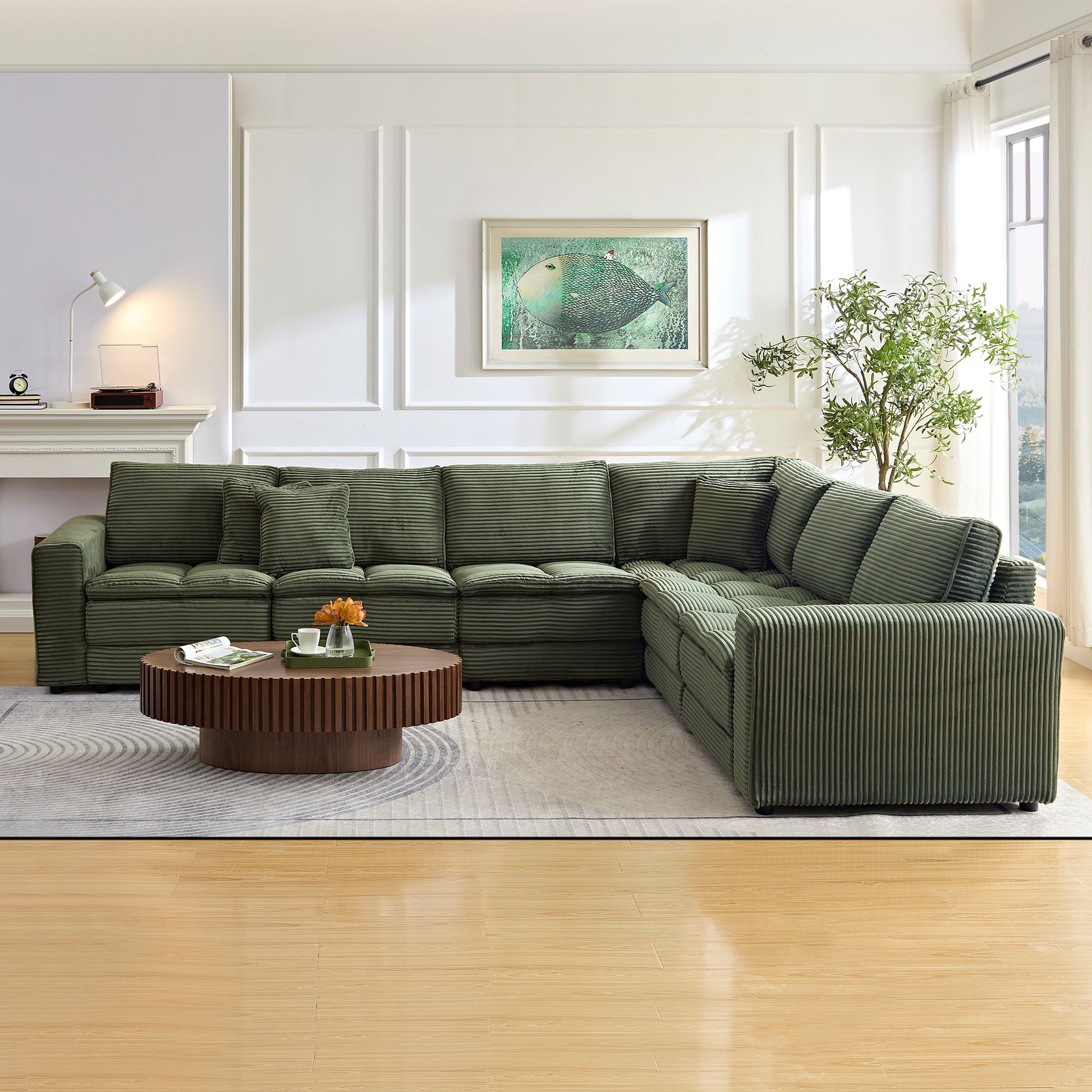 6 Seats,Oversized Sectional Sofa,L Shaped Corner Couch With Detachable Seat & Back Cushion, Corduroy Upholstery Convertible Sleeper Sofa&Couch For Living Room Green Fabric 6 Seat