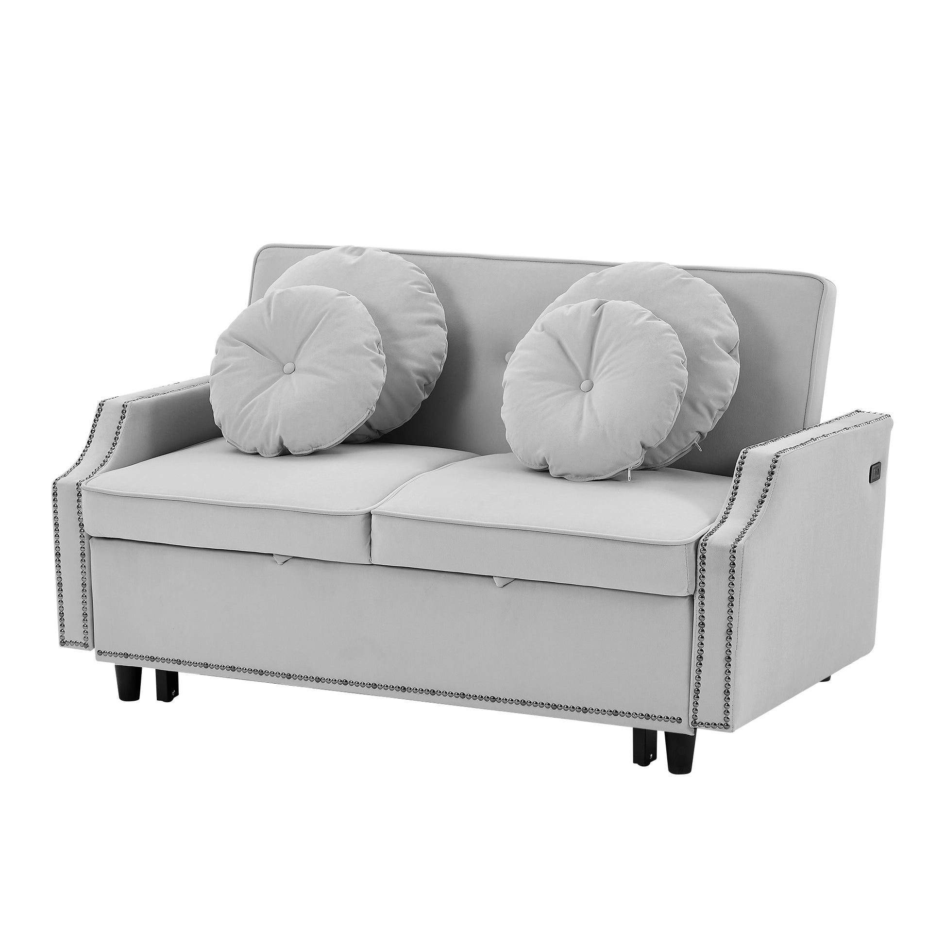 54.7" Multiple Adjustable Positions Sofa Bed Stylish Sofa Bed With A Button Tufted Backrest, Two Usb Ports And Four Floral Lumbar Pillows For Living Room, Bedroom,Or Small Space, Light Grey Light Grey Foam Polyester 2 Seat