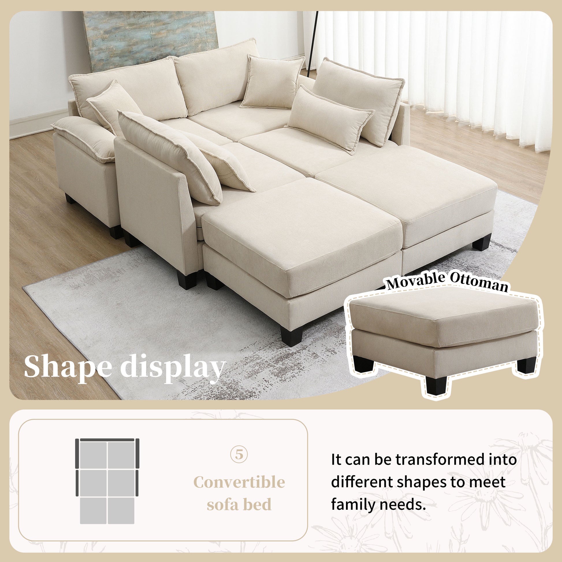 Wide Seat Corduroy Modular Sectional Sofa Bed,Sleeper Couch Set With Armrest Pillow,6 Seat Free Combination Sofa With Ottomans,Oversized Indoor Furniture For Living Room, 2 Colors Beige Corduroy 6