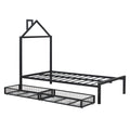 Twin Size Metal Platform Bed With Two Drawers,House Shaped Headboard Design, Black Twin Black Metal