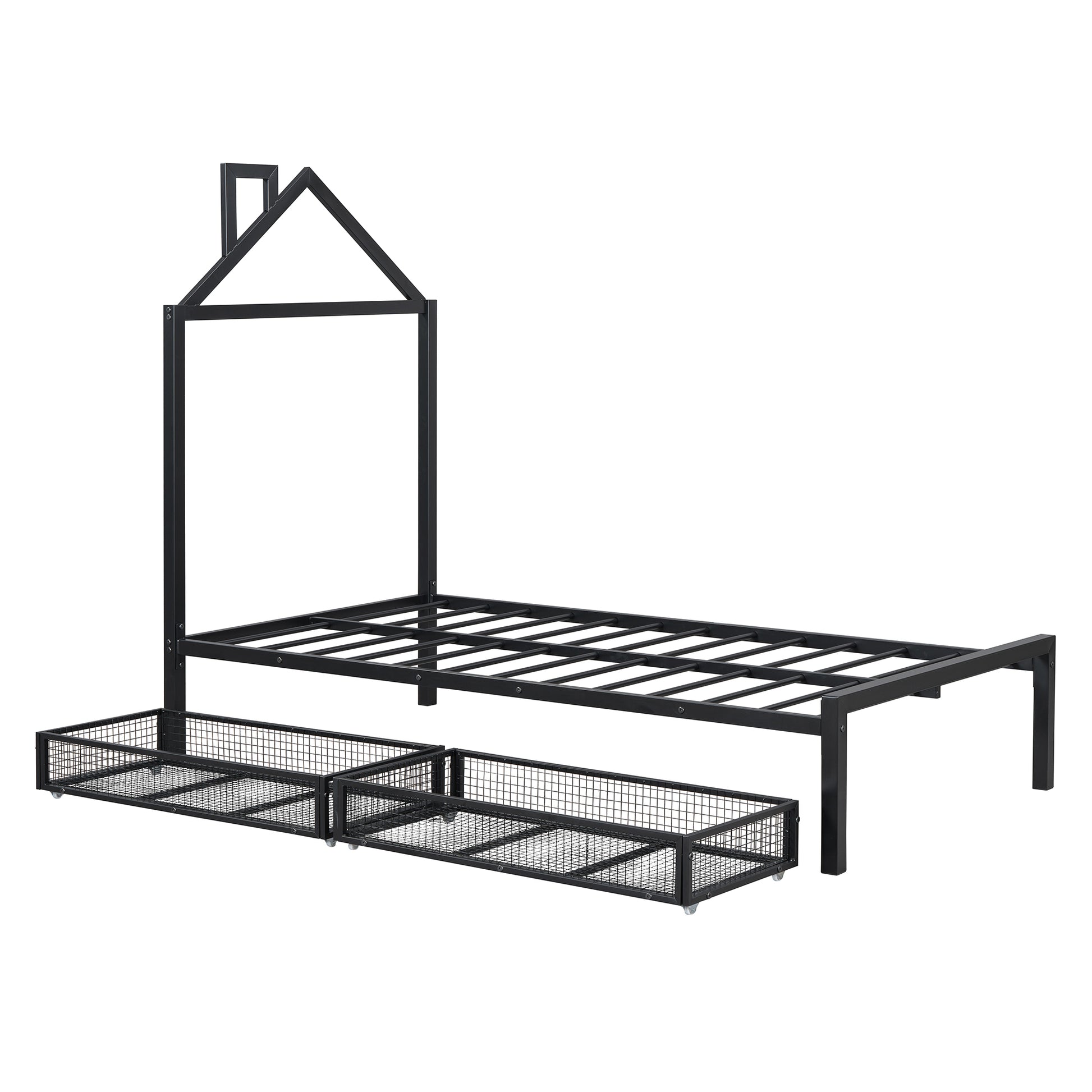 Twin Size Metal Platform Bed With Two Drawers,House Shaped Headboard Design, Black Twin Black Metal