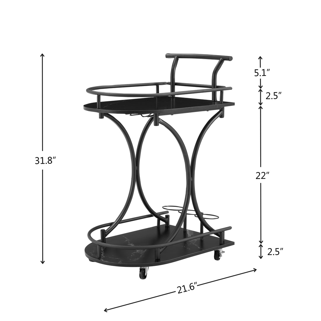 Black 2 Tier Bar Cart, Slide Bar Serving Cart,