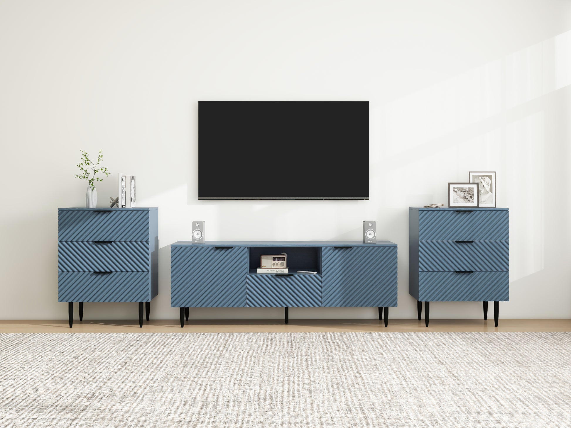 Tv Stand With Solid Ion Feet, Tv Console Table For Living Room, Bedroom Blue Particle Board