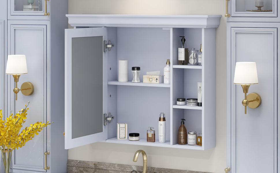 35'' X 28'' Blue Wall Mounted Bathroom Storage Cabinet With Mirror Door, Modern Bathroom Wall Cabinet With Mirror, Medicine Cabinet With 6 Open Shelves Blue 1 Adjustable Shelves Wall Mounted Luxury Mdf Glass Painted