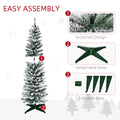 Homcom 5' Snow Flocked Artificial Pencil Christmas Tree, Slim Xmas Tree With Realistic Branches And Plastic Base Stand For Indoor Decoration, Green Green Plastic