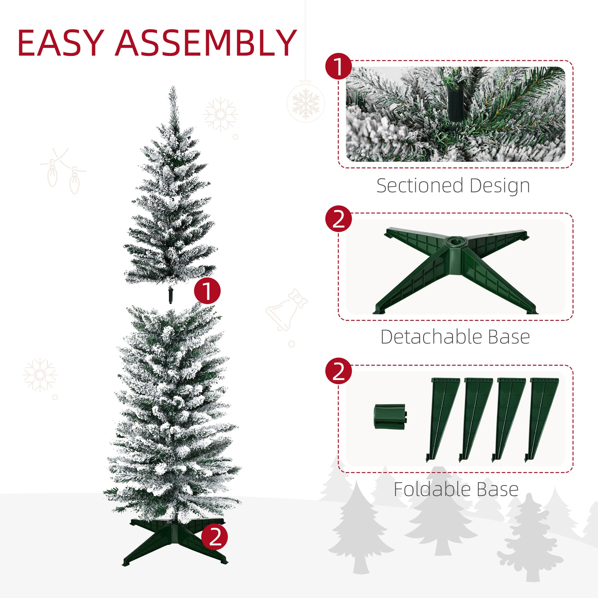 Homcom 5' Snow Flocked Artificial Pencil Christmas Tree, Slim Xmas Tree With Realistic Branches And Plastic Base Stand For Indoor Decoration, Green Green Plastic