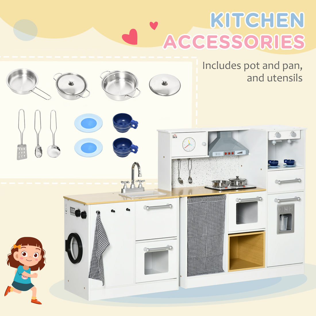 Qaba Kids Wooden Kitchen Playset With Sound Effects And Tons Of Countertop Space, Wooden Corner Play Kitchen Set With Washing Machine, Imaginative Toy Pretend Restaurant, Ages 3 6, White White Mdf