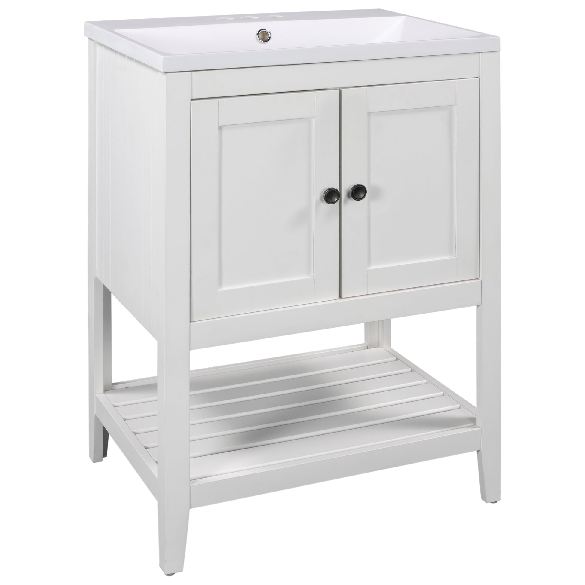 Video 24" White Modern Sleek Bathroom Vanity Elegant Ceramic Sink With Solid Wood Frame Open Style Shelf Old Sku: Jl000001Aak White Solid Wood