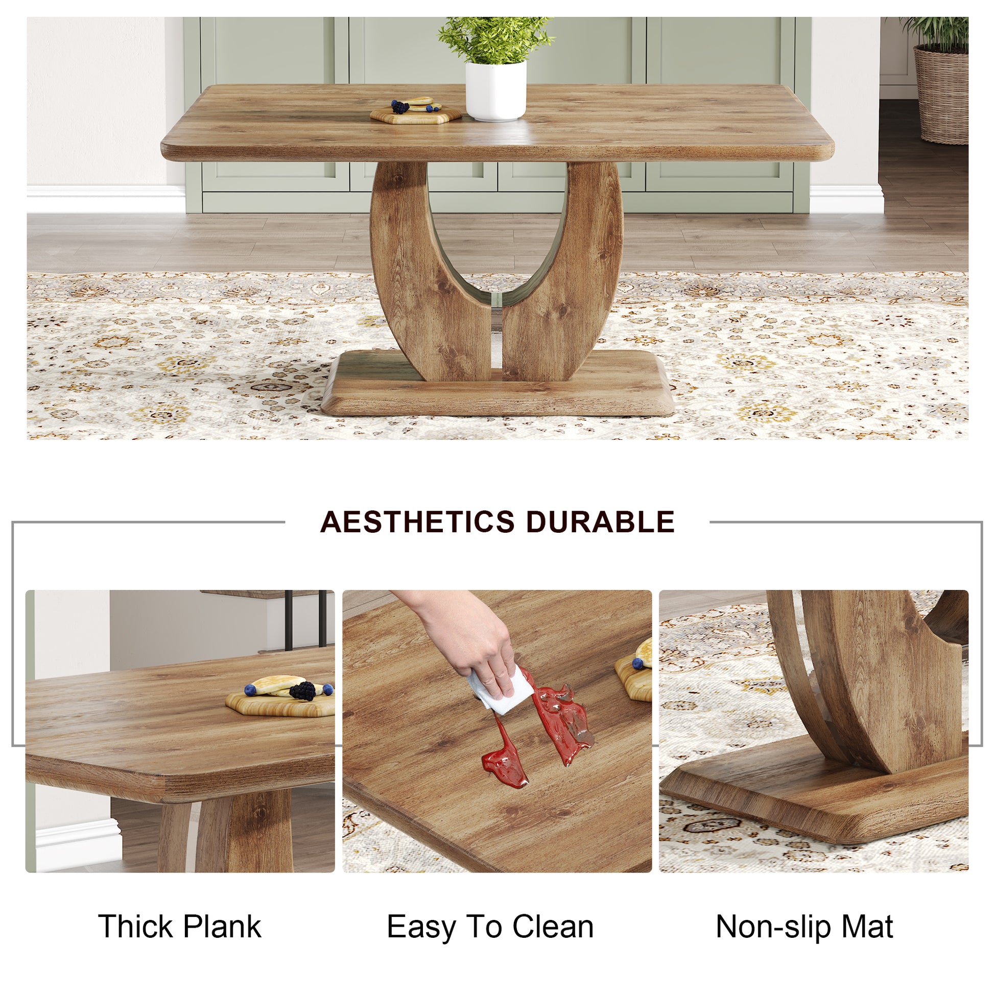 Table And Chair Set.Mdf Rectangular Dining Table, 6 Modern Medieval Style Restaurant Cushioned Side Chairs With With Soft Cushions And Black Metal Legs.Suitable For Restaurants, Living Rooms, Kitchen. Brown Seats 6 Mdf Metal