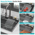 Gunmetal Black Drop In Waterfall Kitchen Sink 33*22 Inch Single Bowl 16 Gauge Stainless Steel Ledge Workstation Kitchen Sinks With Pull Out Faucet & Cup Washer Gunmetal Black Stainless Steel