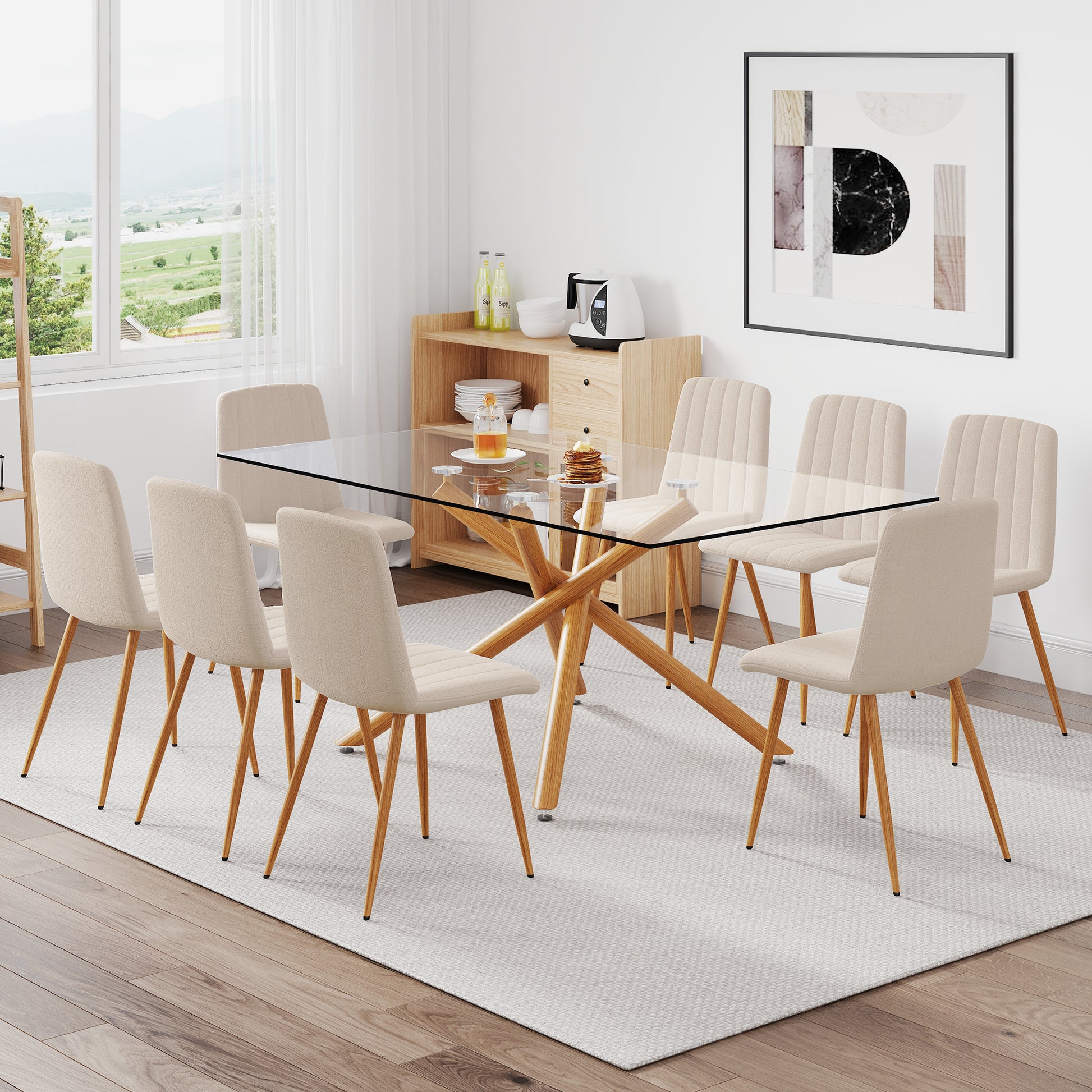 1 table and a set of 8 chairs. Table and chair set. transparent-glass