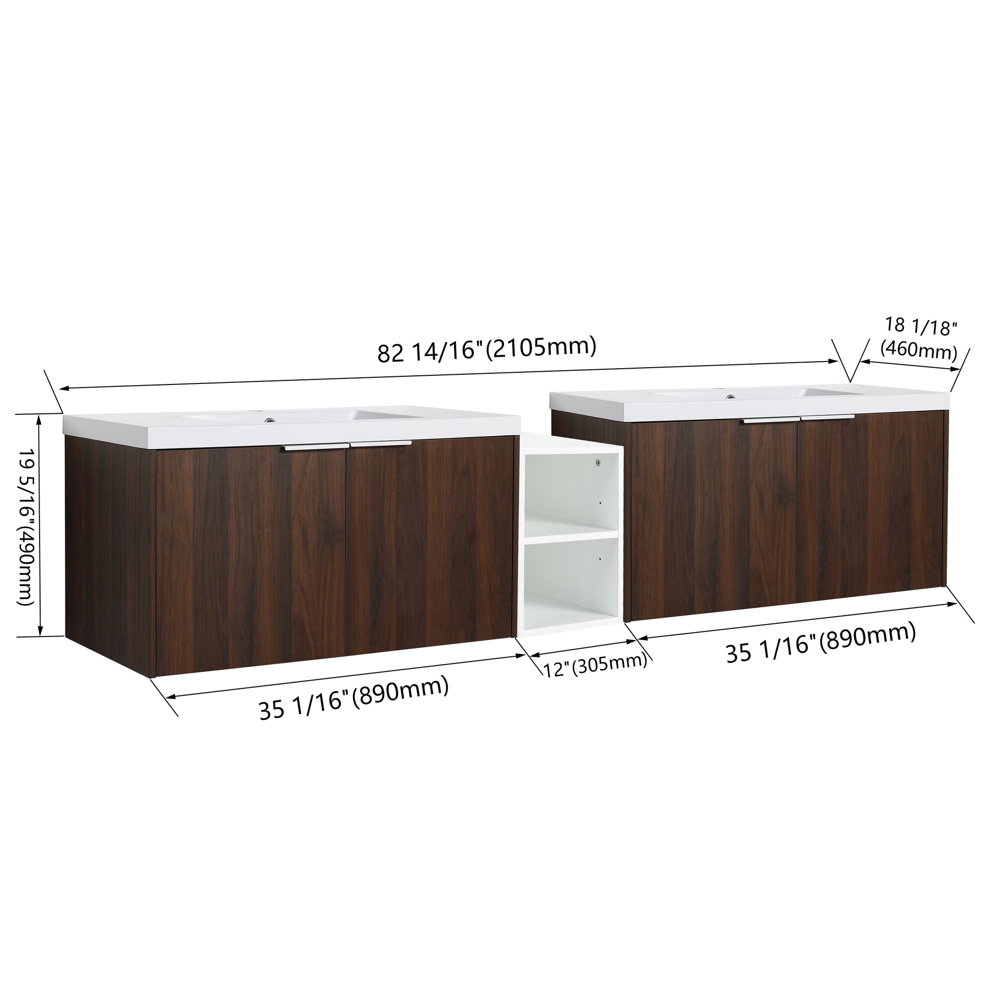 84 Inch Soft Close Doors Bathroom Vanity With Sink, A Small Storage Shelves, 36" And 12" Combination Cabinet, Kd Packing California Walnut 4 1 Bathroom Wall Mounted Modern Plywood