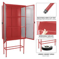 Retro Style Red Tall Freestanding Display Cupboard Stylish Fluted Glass Storage Cabinet With Glass Doors Three Detachable Shelves Bottom Space For Office Dining Room Living Room Old Sku:W68751710 Red Steel