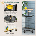 Pawhut Bird Play Stand, Portable Parrot Perch, Bird Feeder Station, With Four Wheels, Stainless Steel Feeding Bowls, Round Tray, Grey Grey Steel