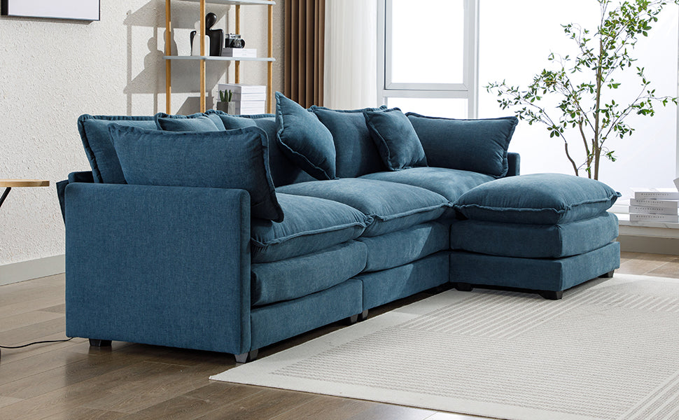 112.2" L Shape Chenille Upholstered Sofa For Living Room Modern Luxury Sofa Couch With Ottoman, 5 Pillows, Blue Blue Foam 4 Seat