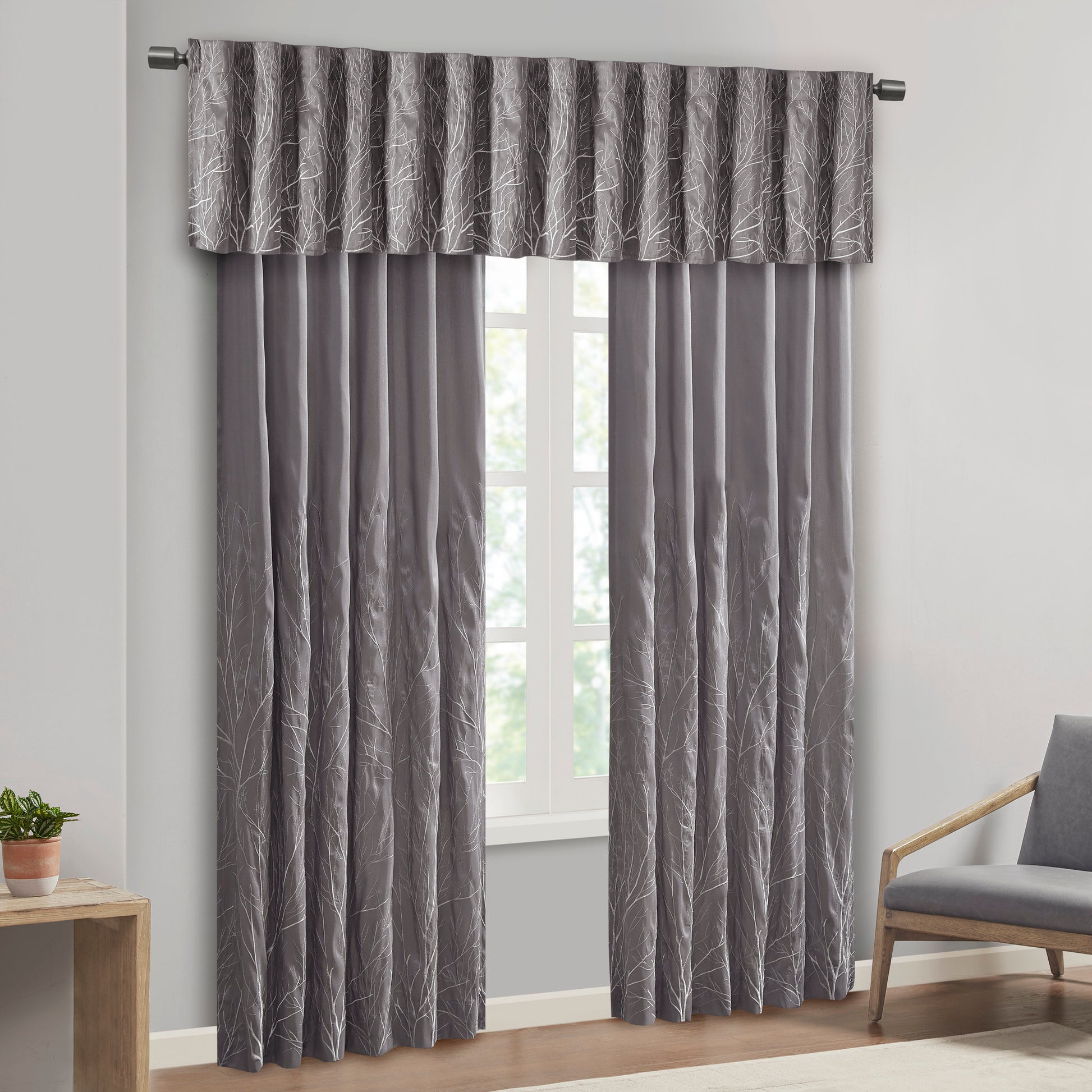 Faux Silk Embroidered Window Valance Grey 50X18" Grey Polyester