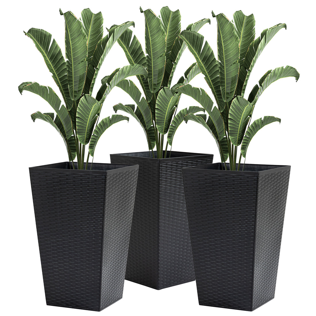 Outsunny Set Of 3 Tall Planters With Drainage Hole, Outdoor Flower Pots, Indoor Planters For Porch, Front Door, Entryway, Patio And Deck, Black Black Polypropylene