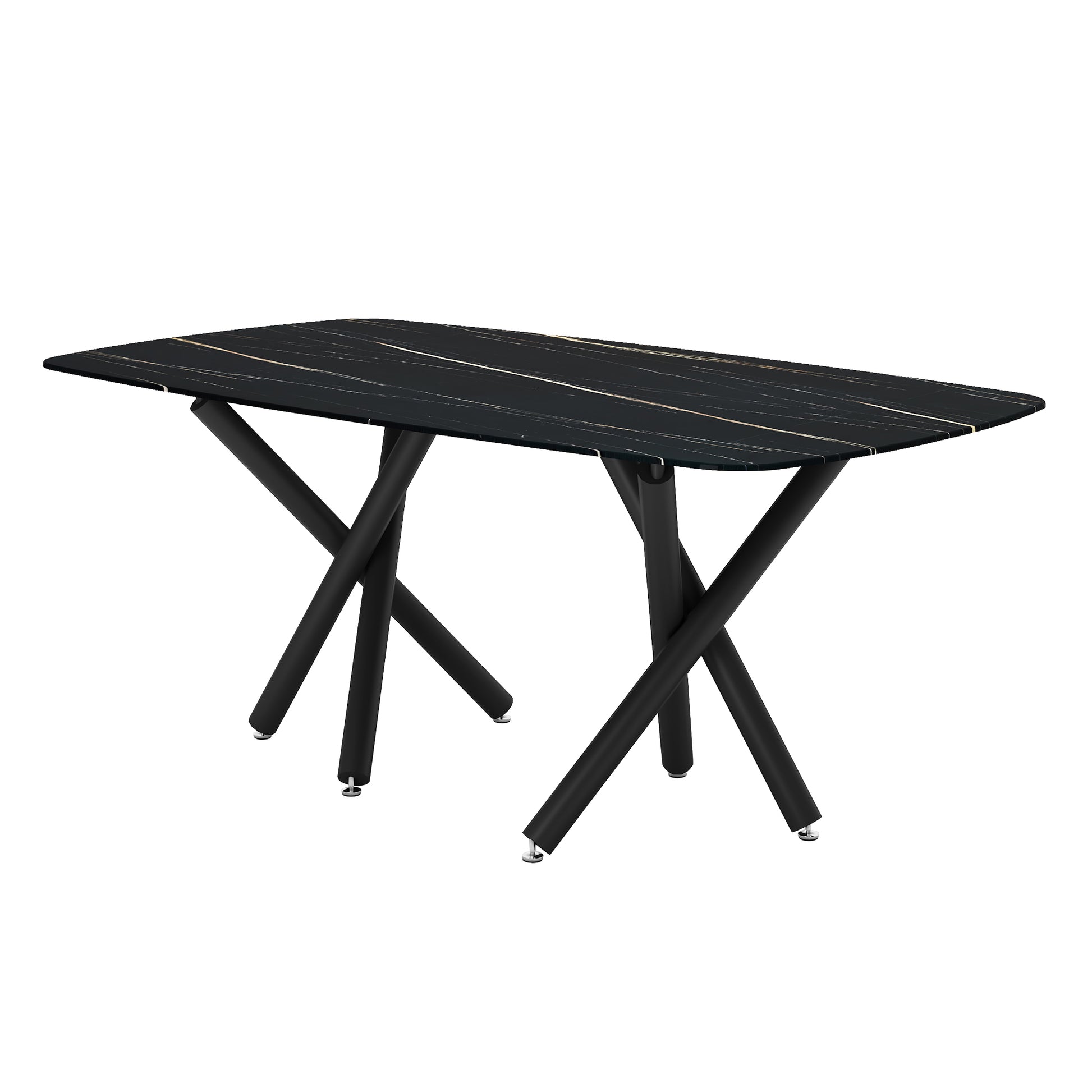 1 Table And 8 Chairs Set.A Rectangular Dining Table With A Imitation Marble Black Table Top And Black Metal Legs.Paired With 8 Chairs With Pu Leather Seat Cushion And Black Metal Legs.F 1538,C 007 Black Glass Metal