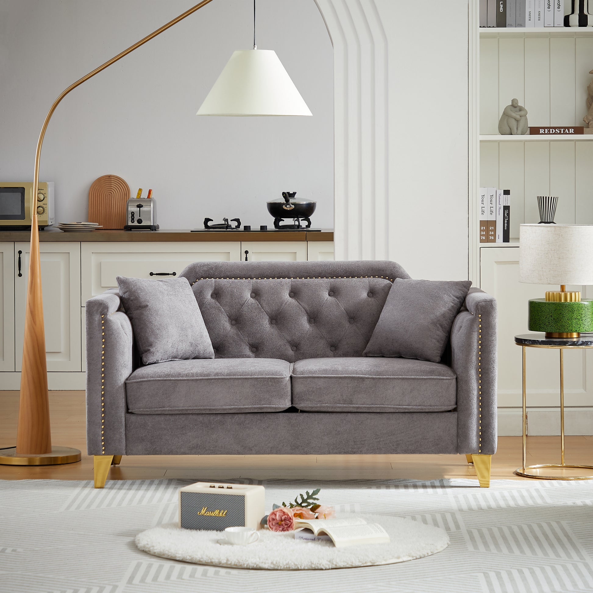 Fx 61.5"Mid Century Design Modern Sofa,Chenille Pull Buckle Design Sofa For Living Room,Buttons Tufted With Copper Nail Decoration Armrest, With 2 Pillows,Modern Couch Upholstered Button And Metal Leg Grey Chenille Wood Pine Foam Fabric 2 Seat