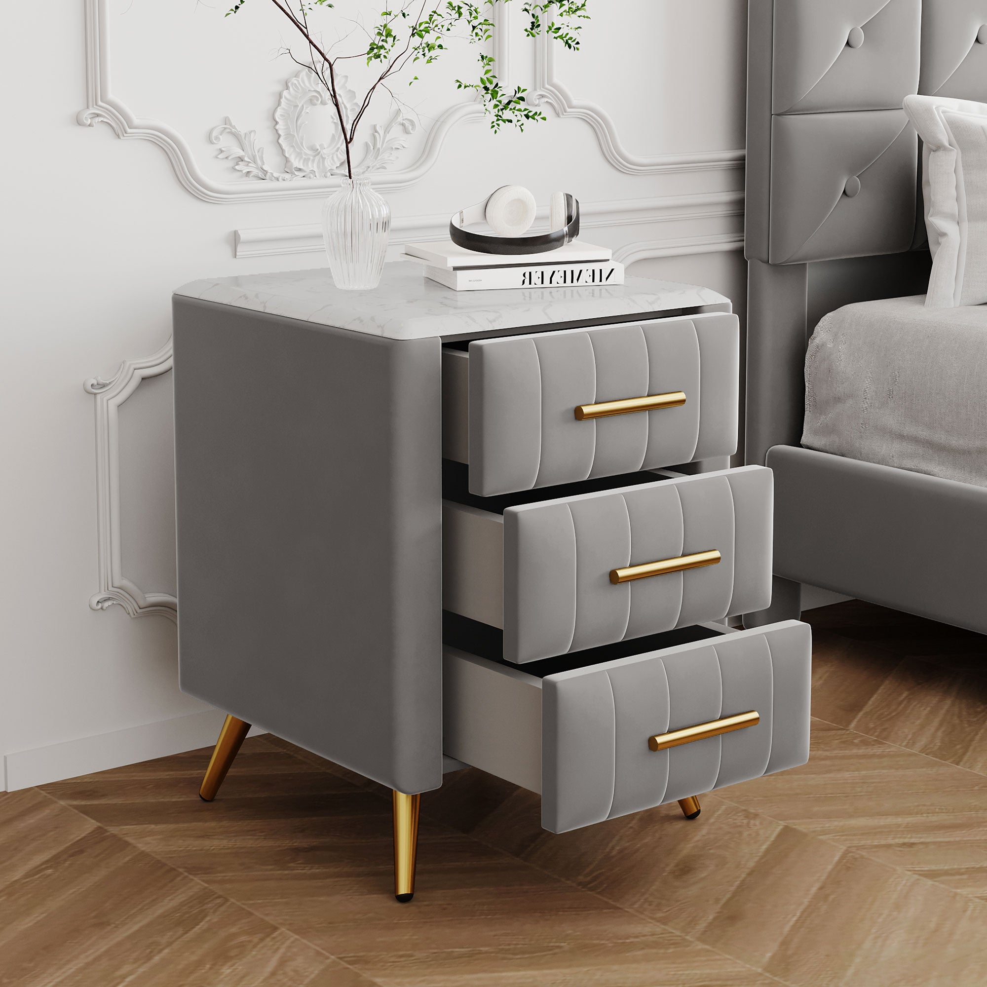 Upholstered Wooden Nightstand With 3 Drawers And Metal Legs&Handles,Fully Assembled Except Legs&Handles,Bedside Table With Marbling Worktop Gray Gray Velvet