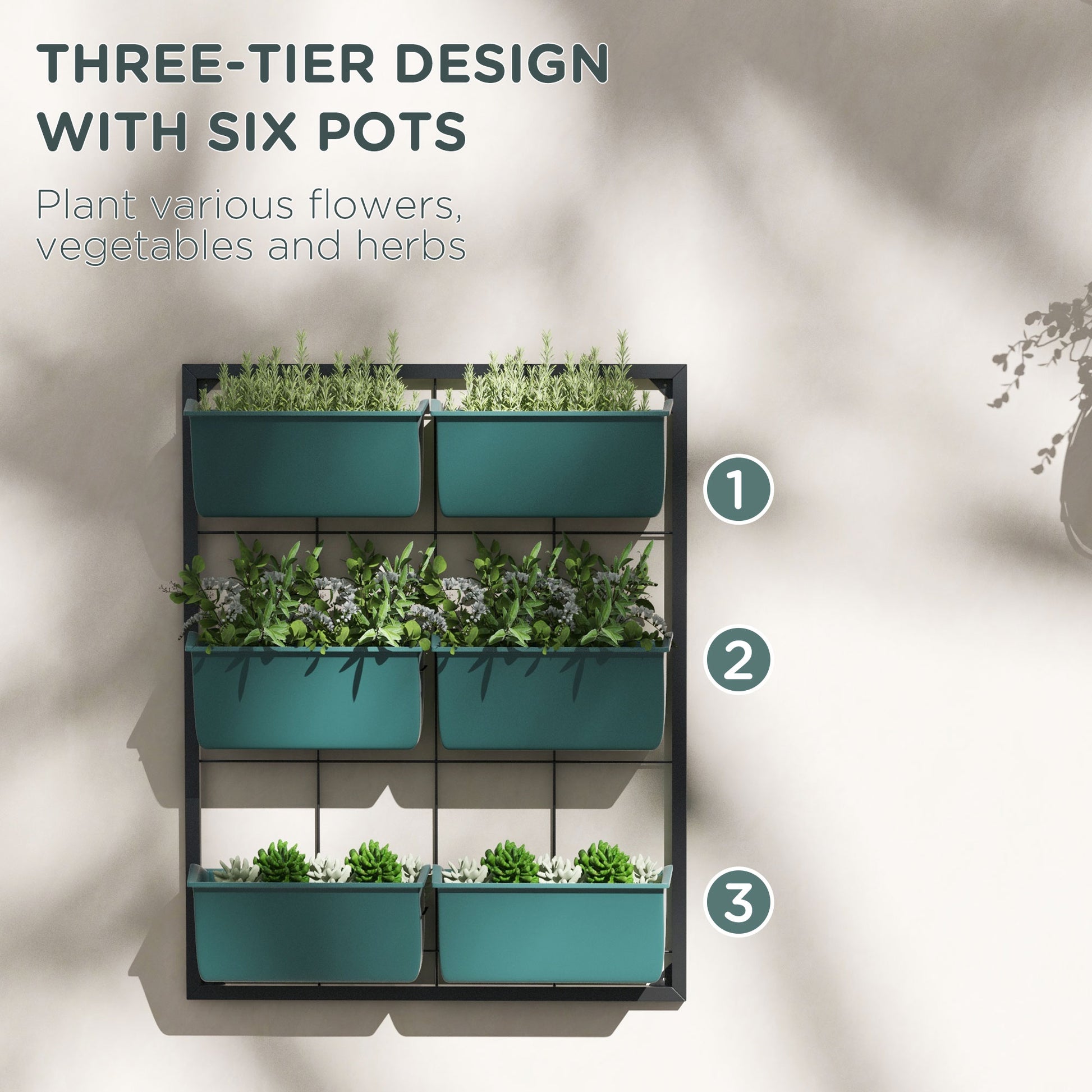 outdoor wall hanging plant pots Outsunny 3 Tier Wall Planter With 6 Pots For Indoor And Outdoor Use, Hanging Plant Holder, Self Draining Wall Mounted Planter For Vegetables, Flowers,
