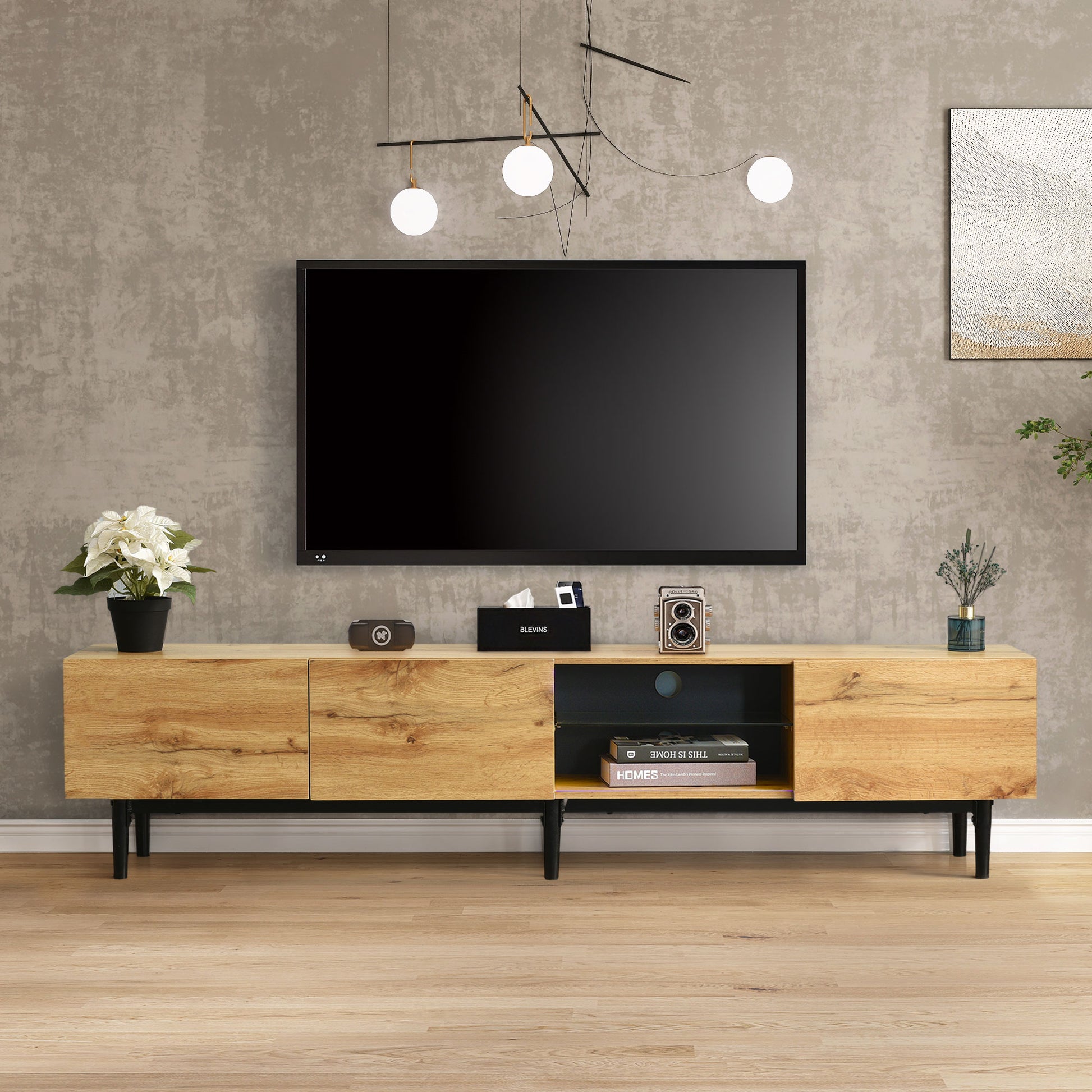 Modern Tv Stand With 4 Cabinets& Open Shelves, Color Matching Media Console Table For Tvs Up To 80'' With Led Light, Entertainment Center With Drop Down Door For Living Room, Bedroom, Home Theatre Wood Brown Primary Living Space 70 79 Inches 70 79 Inches