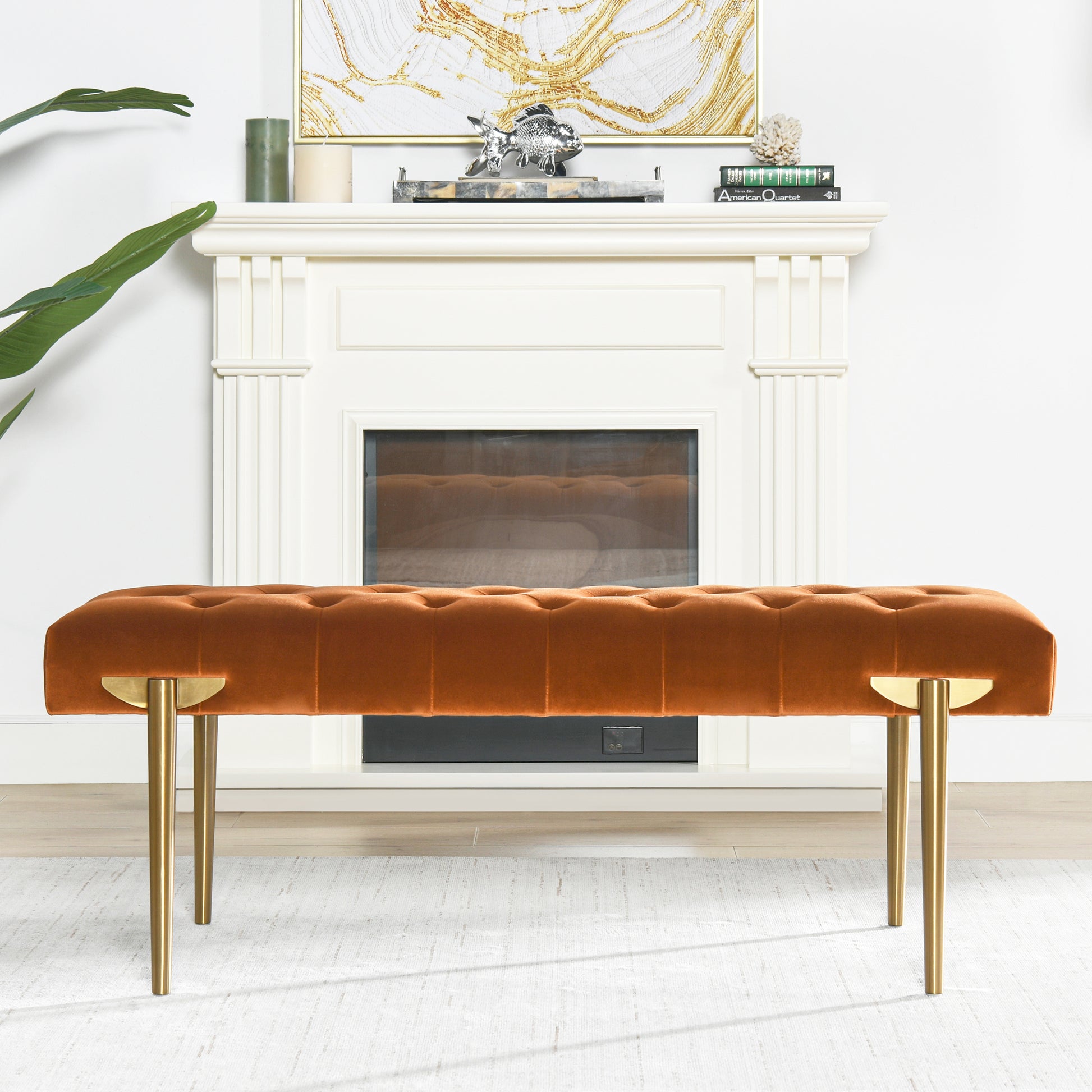 Aria Upholstered Gold Accent Bench, Burnt Orangeperformance Velvet Burnt Orange Foam Velvet