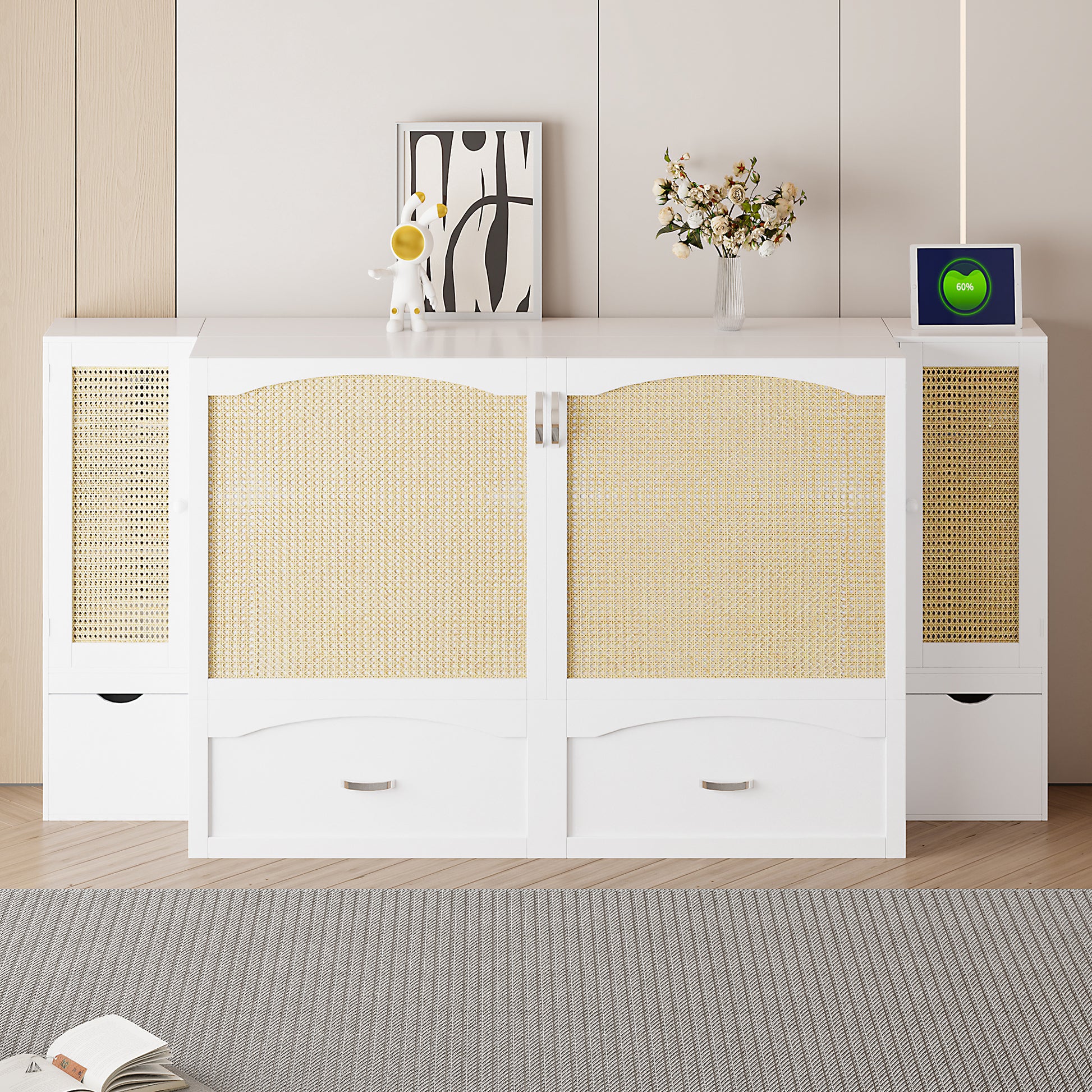 Queen Size Murphy Bed Wall Bed With Drawer And Rattan Decoration With 2 Storage Cabinets, One Set Of Sockets & Usb Ports, Pulley Structure Design, White Queen White Plywood