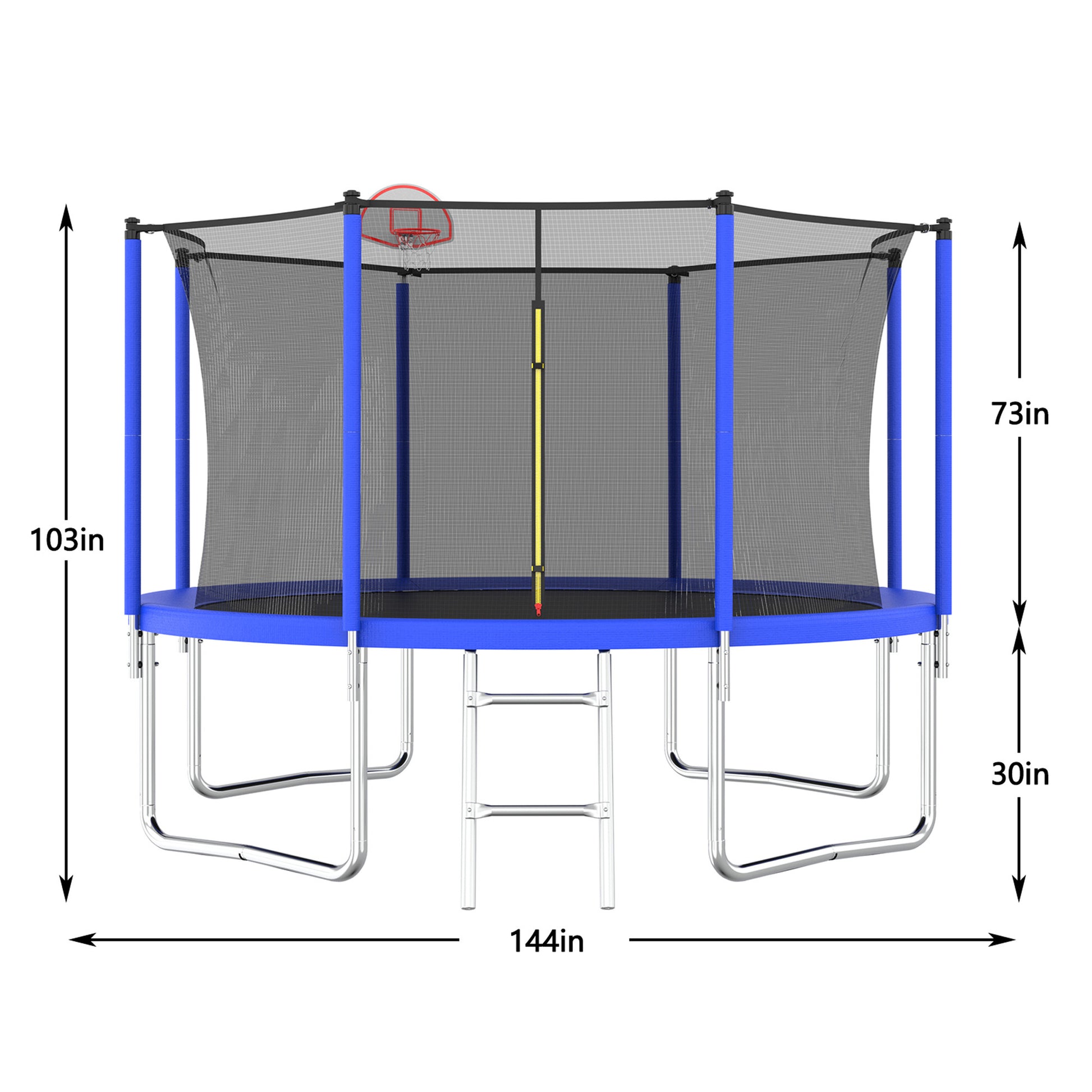 12Ft Trampoline For Kids & Adults With Basketball Hoop And Ball ,Recreational Trampolines With Safety Enclosure For Back Yard Outdoor Blue Metal