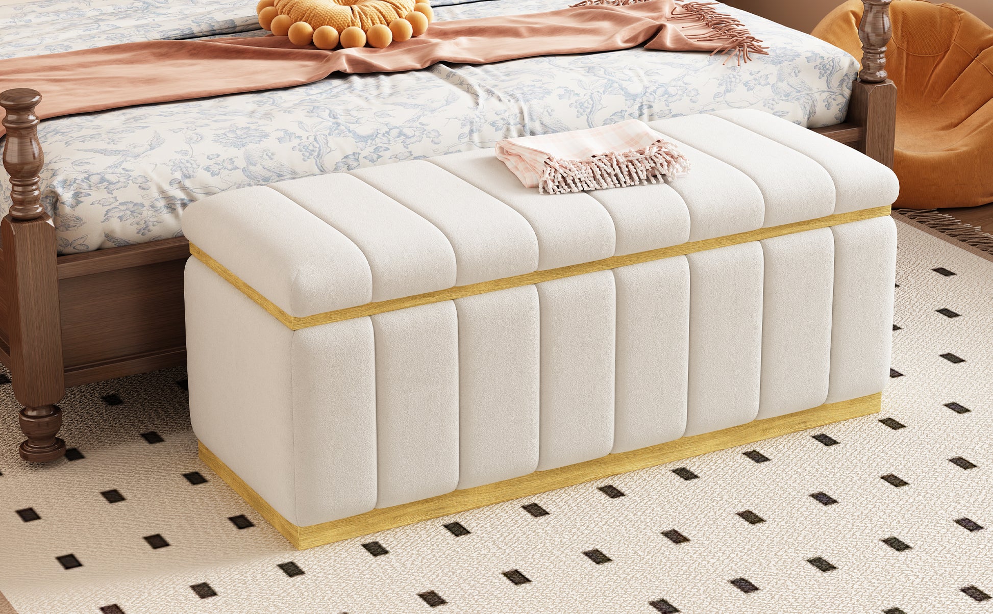 Linen Fabric Upholstered Solid Wood Frame Bench With Large Storage Space For The Living Room, Entryway And Bedroom,Beige, 40''X16''X17'' Beige Wood Oak Rectangle Internal Storage Fabric