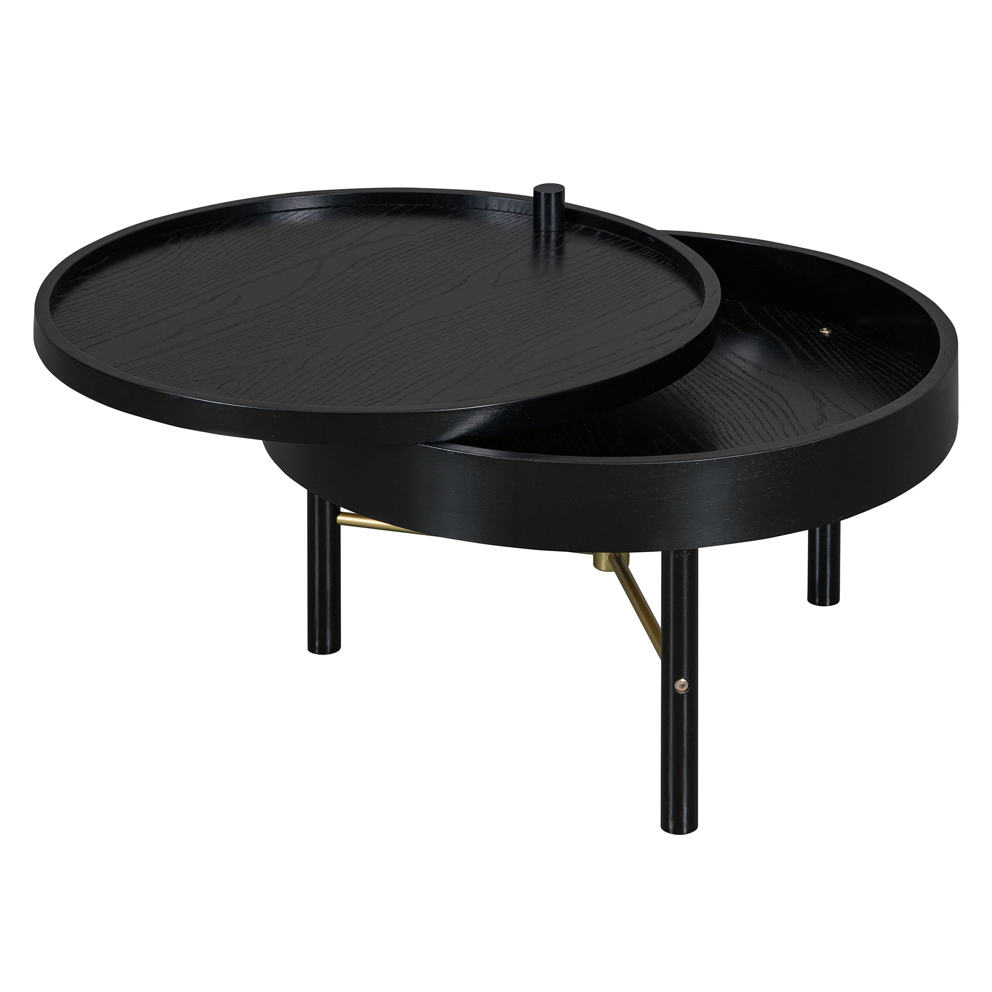 Modern Round Wood Rotating Tray Coffee Table With Storage & Metal Legs In Black Black Metal,Rubber Wood