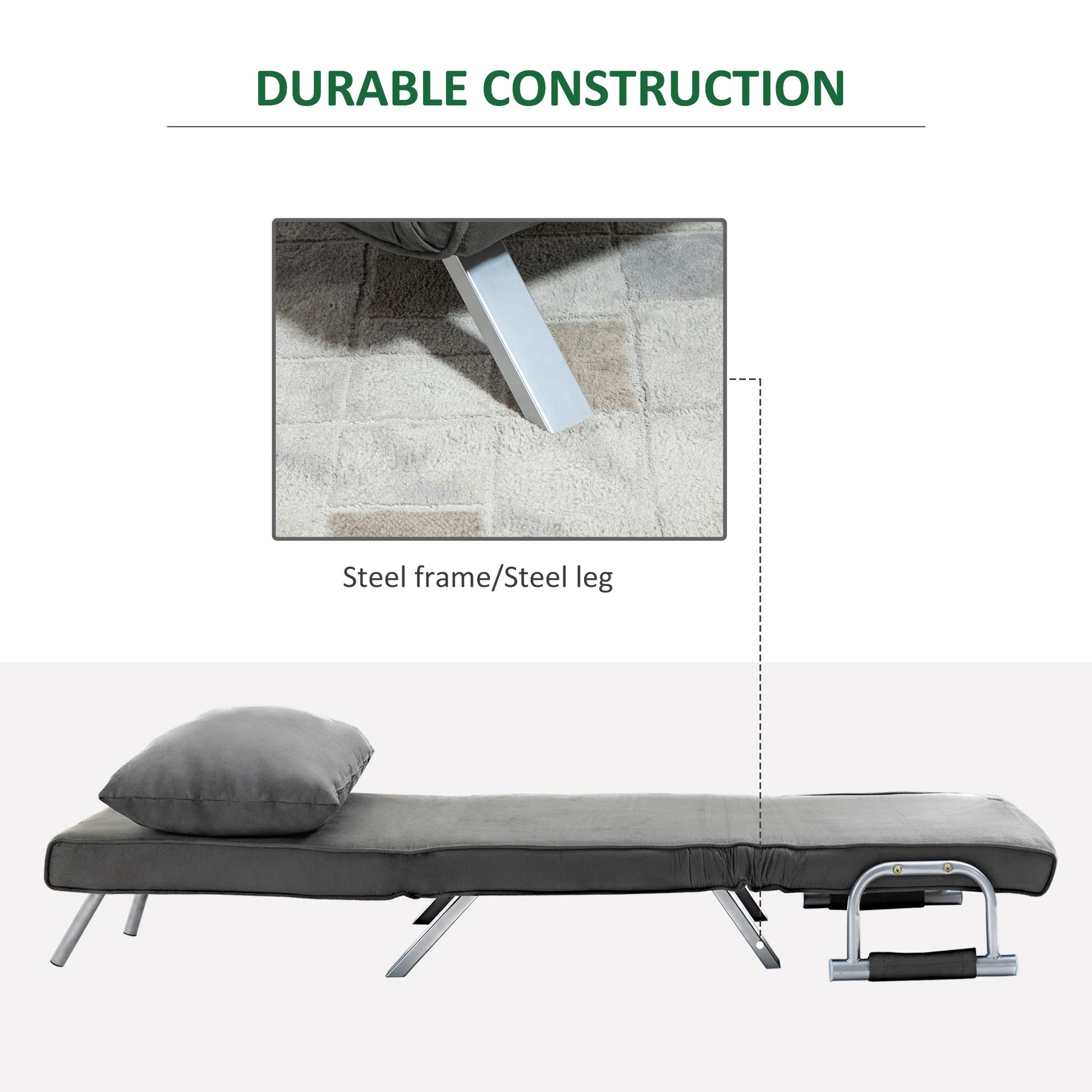 Homcom Single Person Folding 5 Position Convertible Sofa Bed Sleeper Chair Chaise Lounge Couch W Pillow & Steel Frame, Dark Grey Dark Grey Fabric