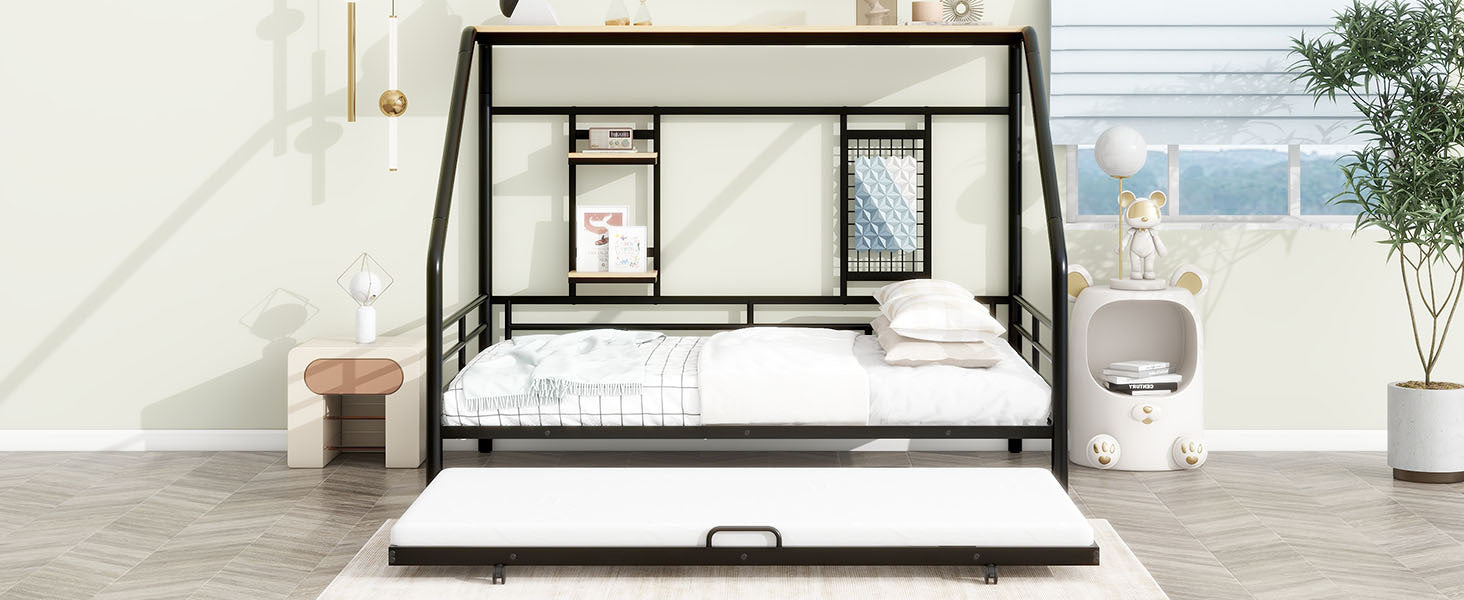 Full Size Metal House Bed With Trundle, Black Full Black Metal
