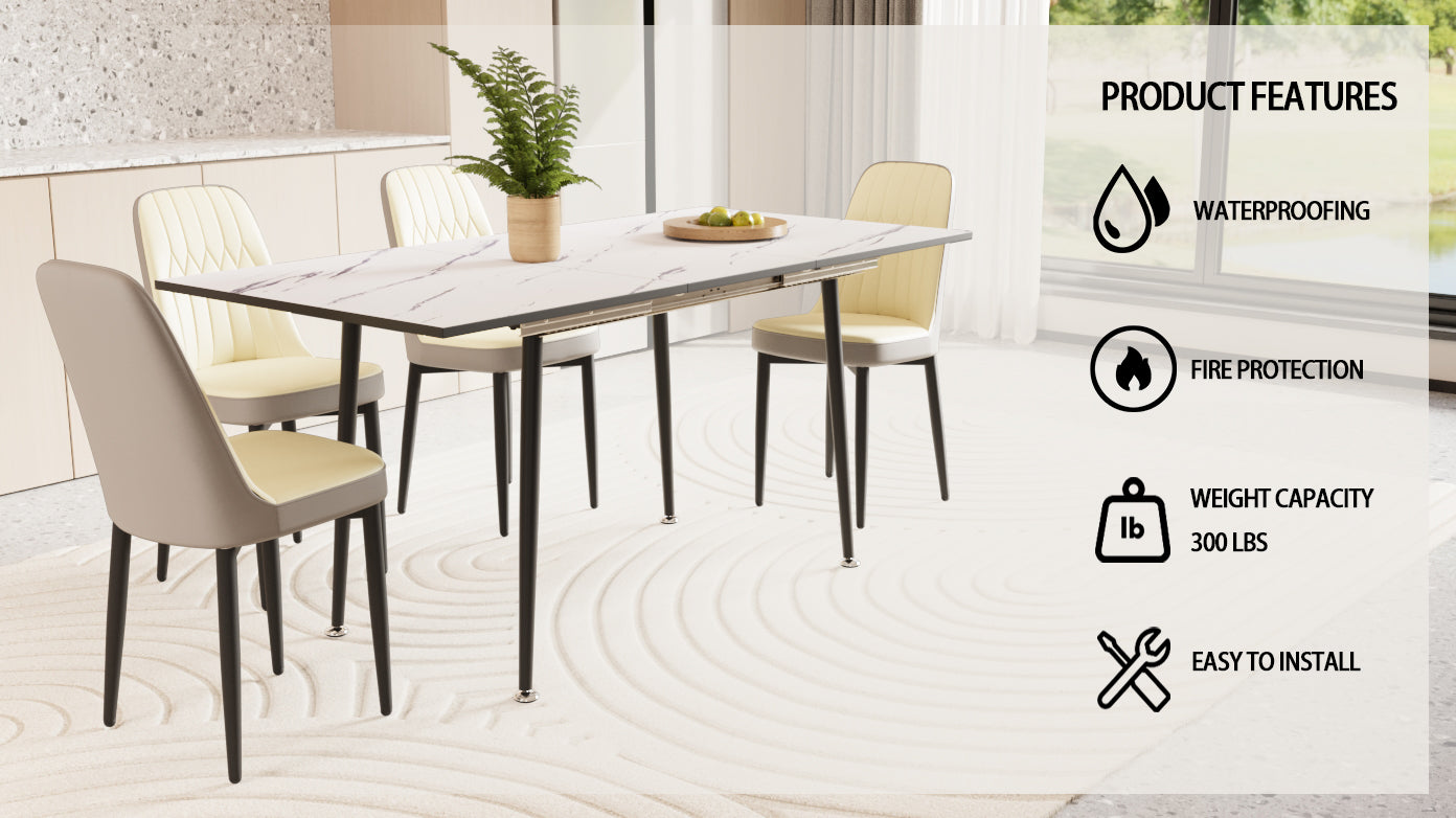 An Expandable Dining Table Set For 2 6 People, Equipped With Pu Fabric Thick Cushioned Dining Chairs And An Elegant And Spacious Dining Tablekitchen Table And Chair Set, With Black Metal Legs Beige