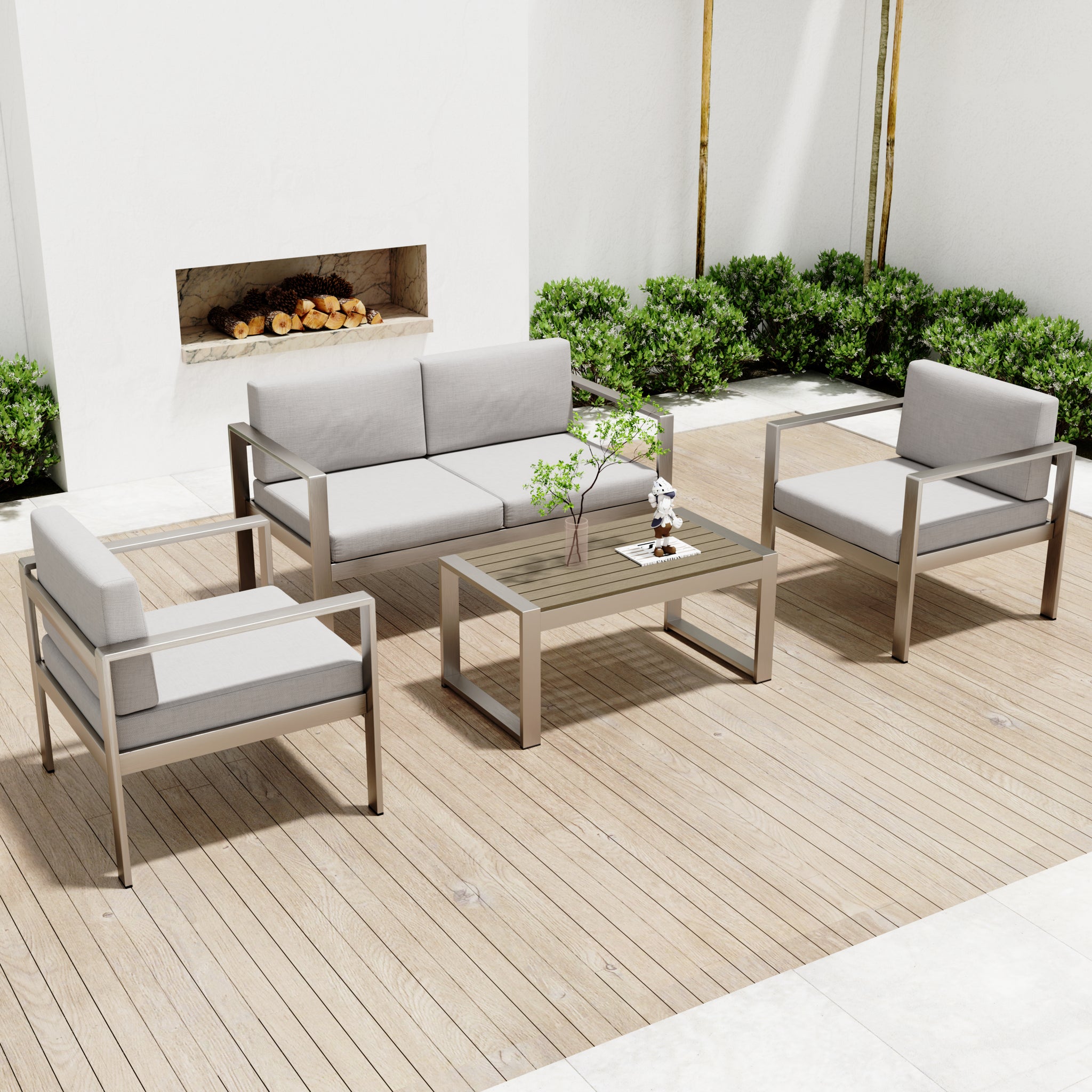 Aluminum Modern 4 Piece Sofa Seating Group For Patio yes-complete patio set-gray+silver-mildew