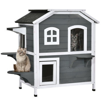 Pawhut 2 Story Cat House Outdoor, Weatherproof Wooden Cat Enclosure For Feral Cats With Escape Door, Openable Roof, Jumping Platforms, Gray Gray Wood