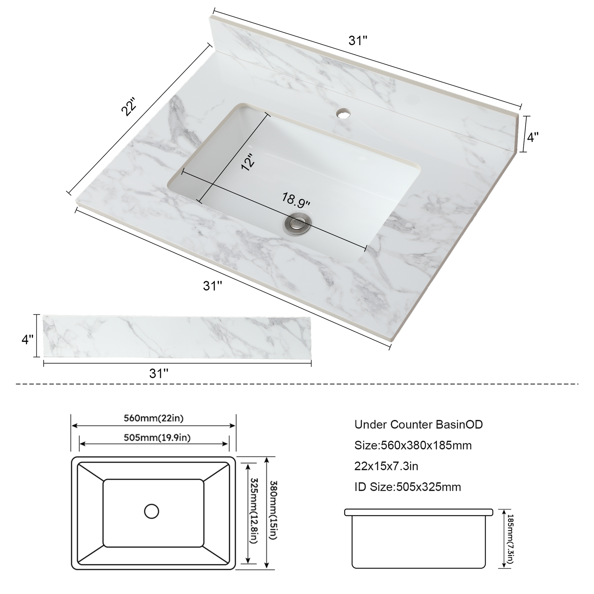 31"X22"Bathroom Vanity Top,Sintered Stone Carra White Barthroom Vanity Sink Tops With Rectangular Undermount Ceramic Sink With Vanity Backsplash, Single Faucet Hole Bathroom Vanity Countertop White