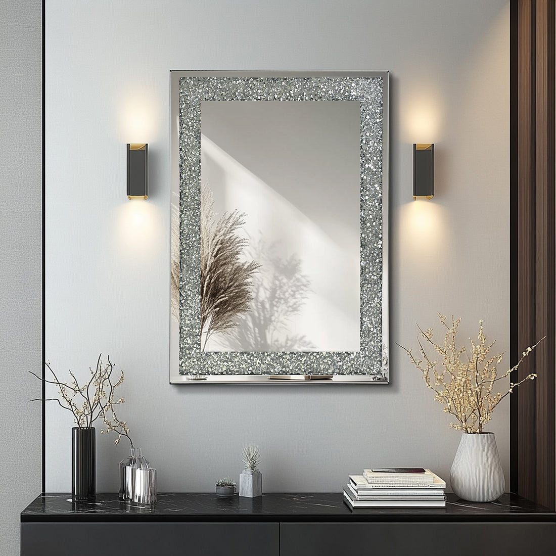 Large Wall Mounted Silver Decorative Rectangular Wall Mirror For Home, Living Room, Bedroom, Entryway 91*61Cm Silver Mdf Glass