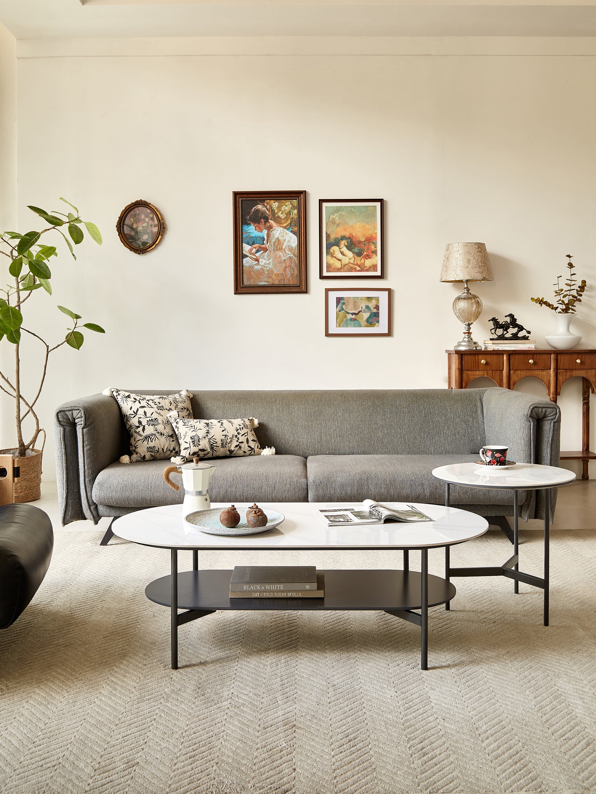 Coffee Table Ceramic Coffee Table, Mdf Painting Double Layer Coffee Table For Living Room, White Ceramic And Coffee Brown Bottom Shelf Black White Ceramic Mdf