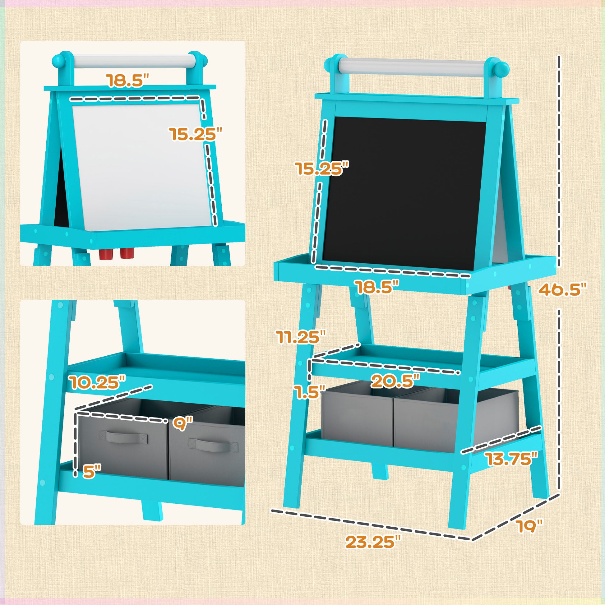 Qaba Easel For Kids, Double Sided Kids Art Easel With Paper Roll, Magnetic Whiteboard, Chalkboard & Storage, Standing Toddler Easel For Painting & Drawing, Gift For Boys, Girls Ages 3 6 Years, Blue Blue Mdf