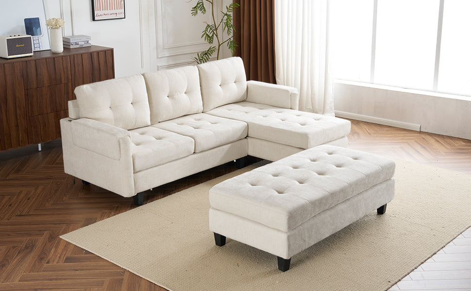 83.4" L Shaped Sofa Sectional Couch Sofa Bed With Two Usb Ports, A Movable Ottoman And A Reversible Chaise Lounge For Living Room, Beige Beige Foam Chenille 5 Seat